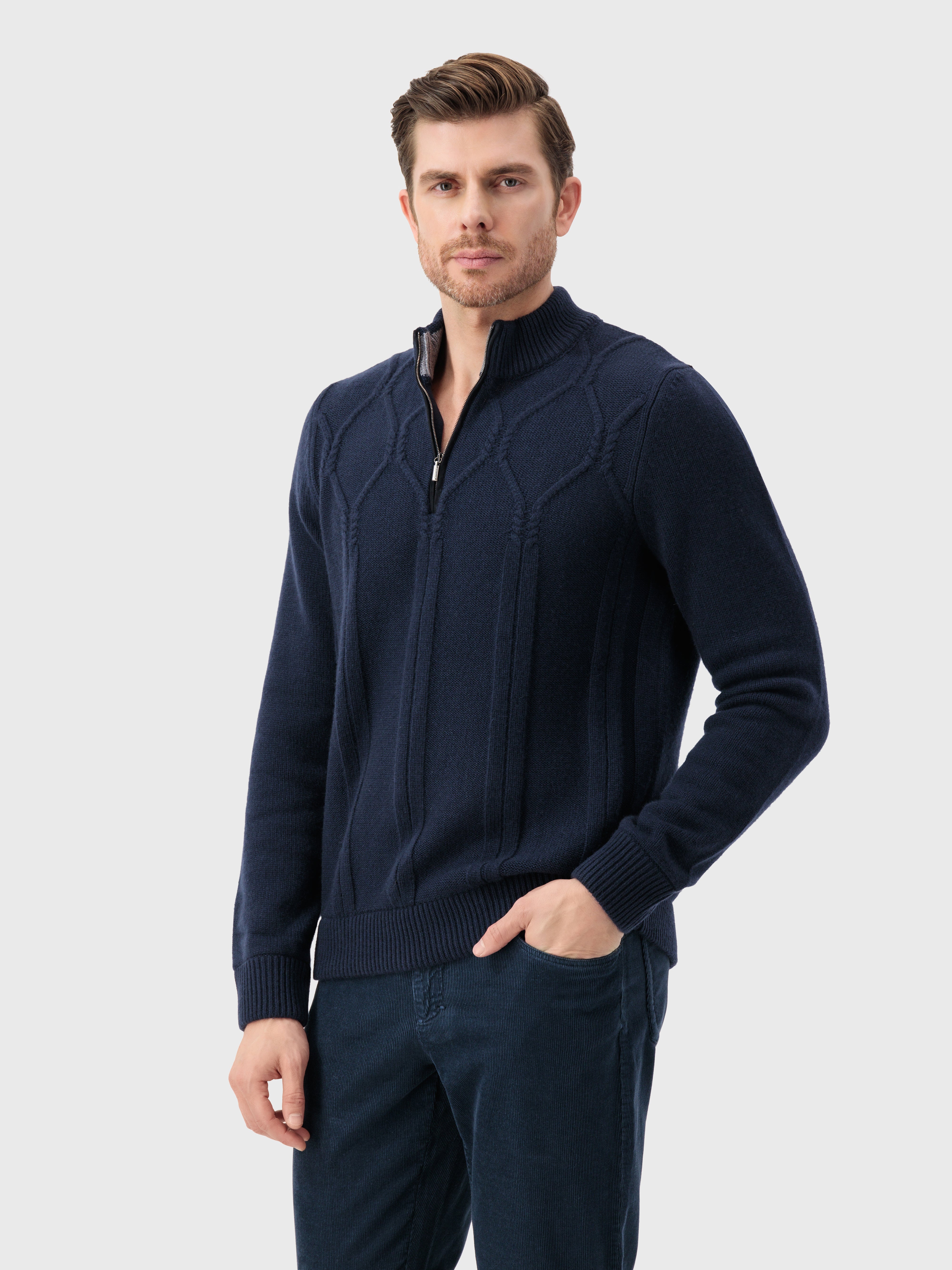 Mock Neck Zipped Cardigan with Rhombus Jacquard Weaving Dark Navy