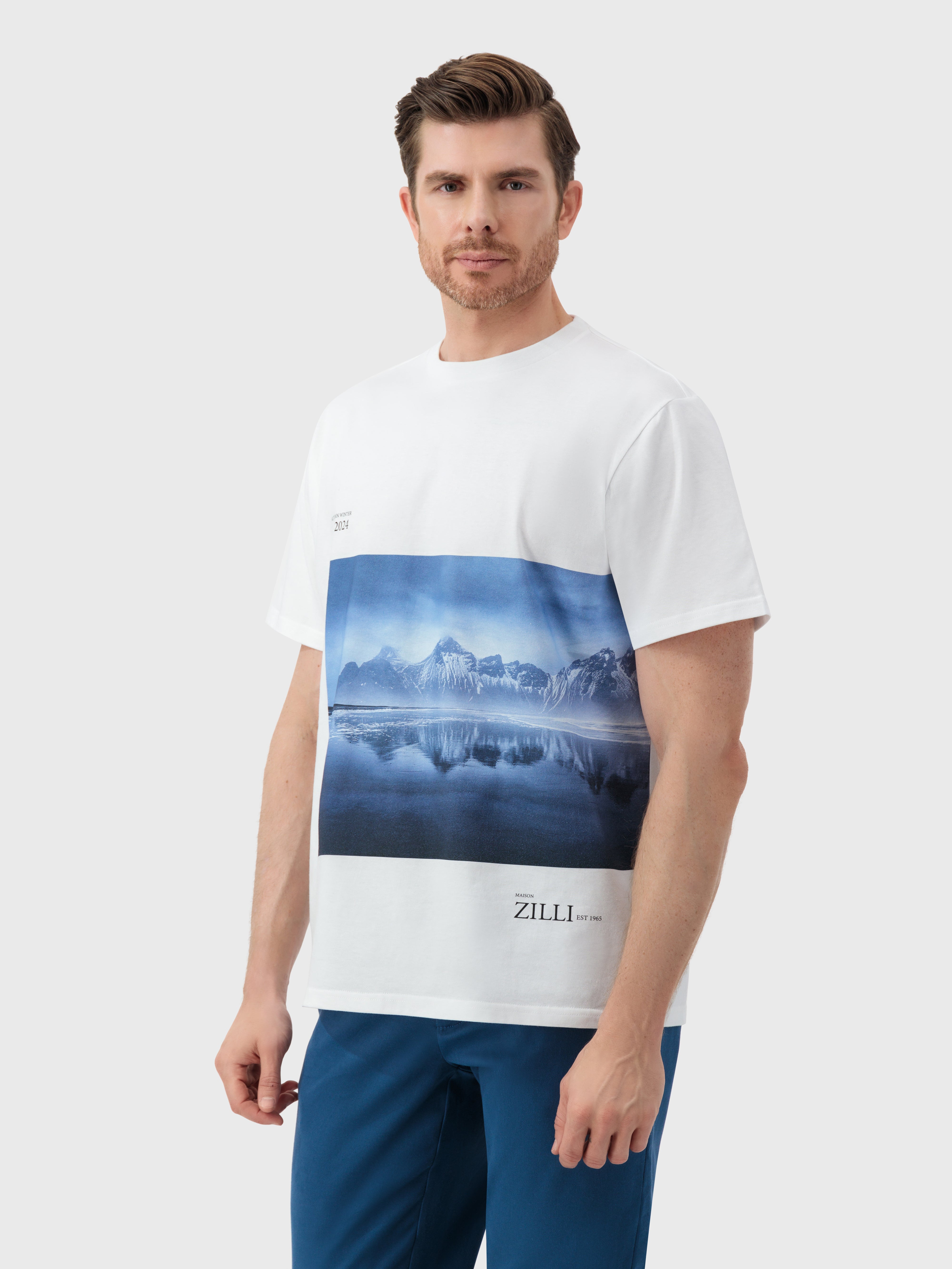 Knit T-Shirt with Serene Landscape Graphic White