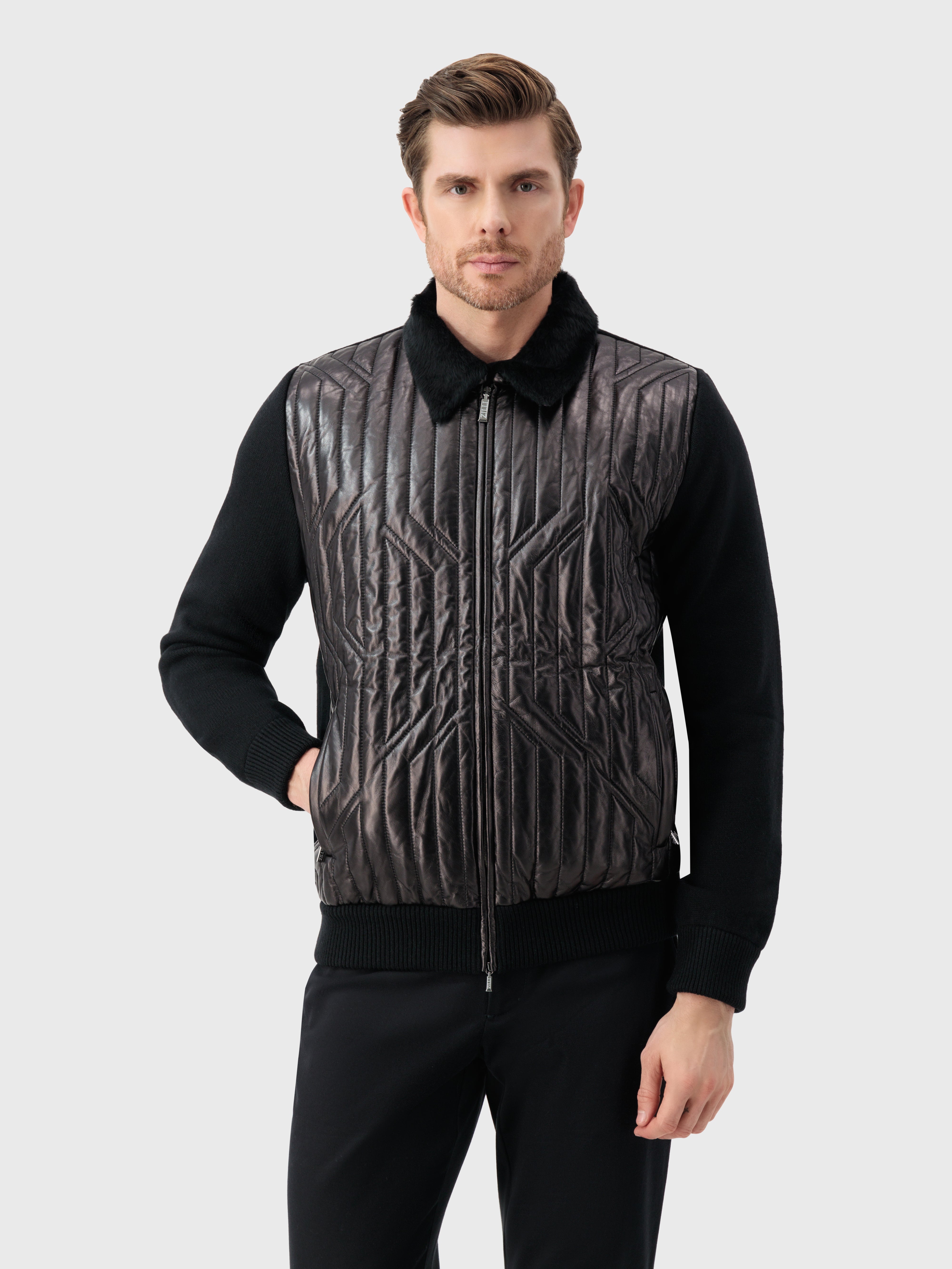 Lambskin Zip-Up with Crossed Stripes Pattern Black