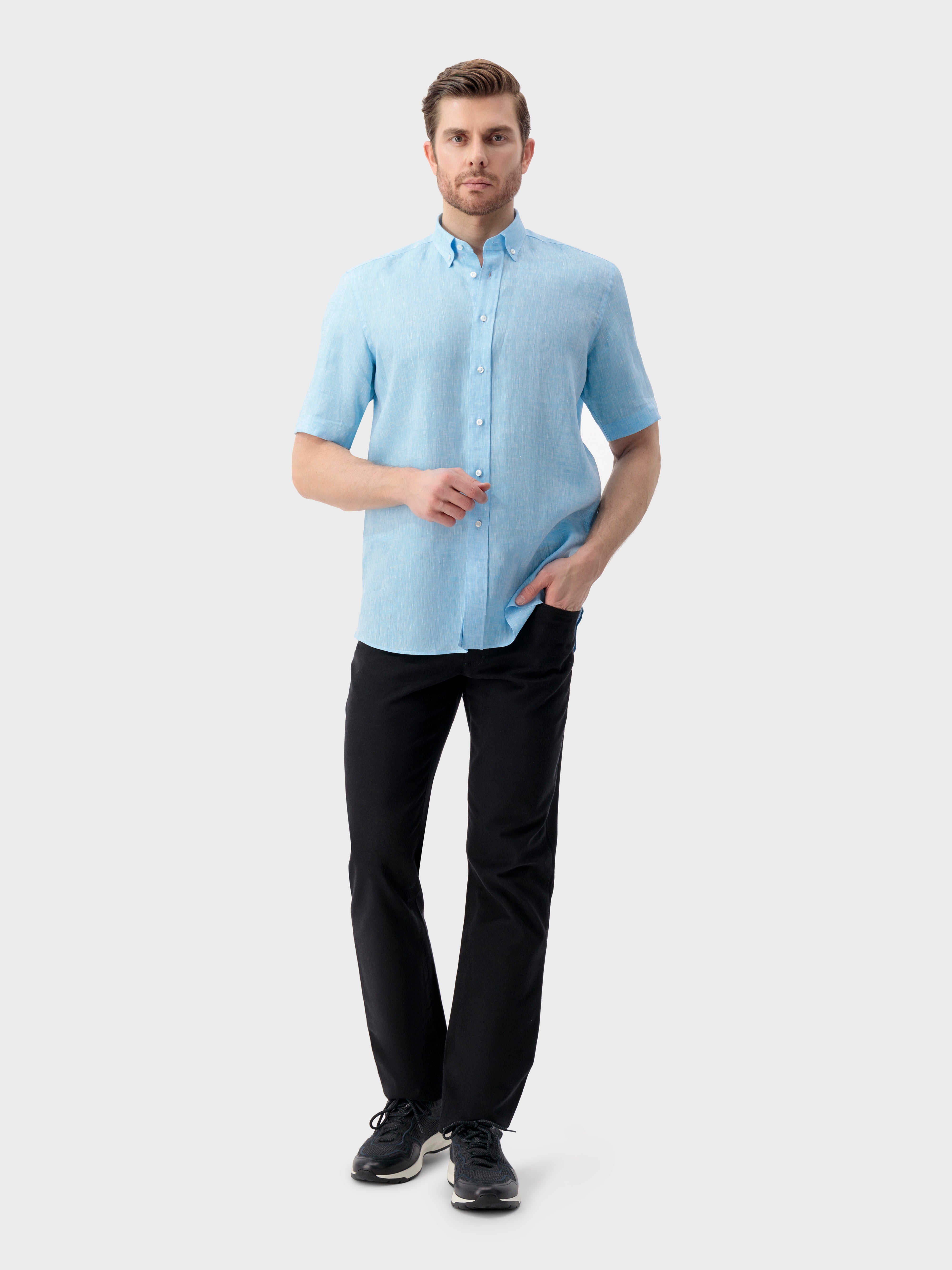 Short-Sleeved Linen Shirt - Peacock