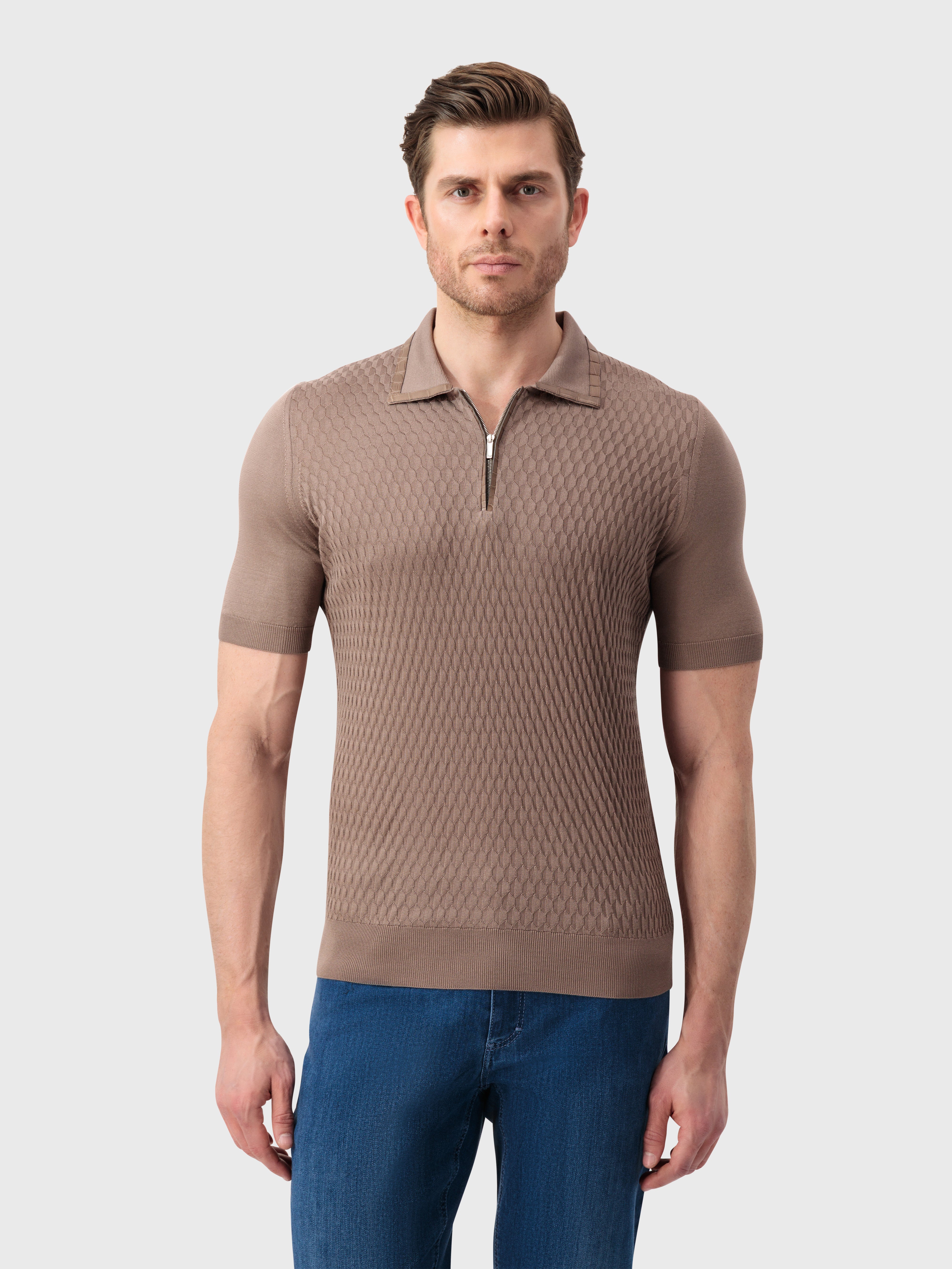 "Micro Lozenges" Crocodile-Detailed Silk Knit Polo - Pale Caramel