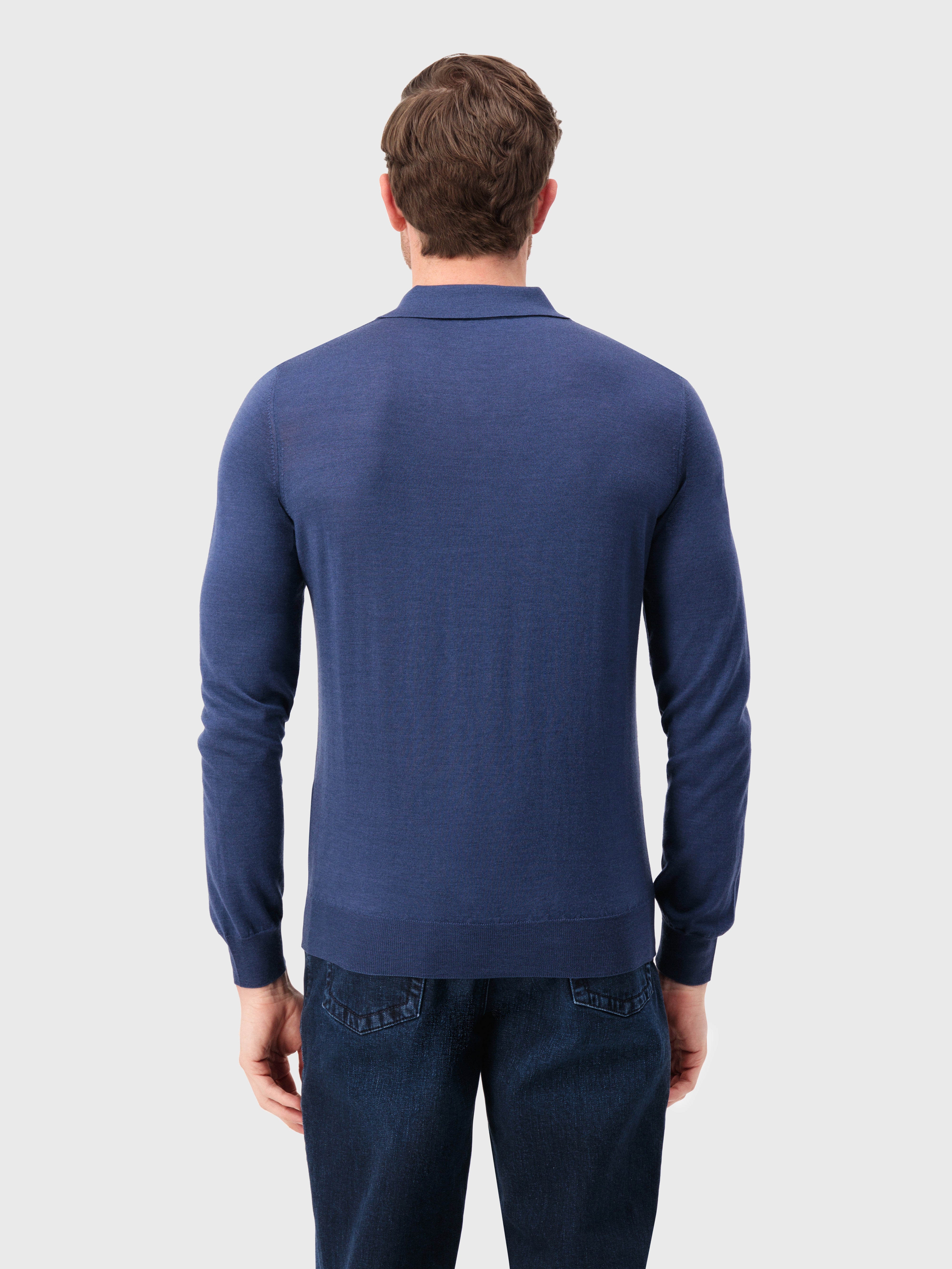 Long Sleeve Polo Shirt with Rhombus Pattern Smoke Blue