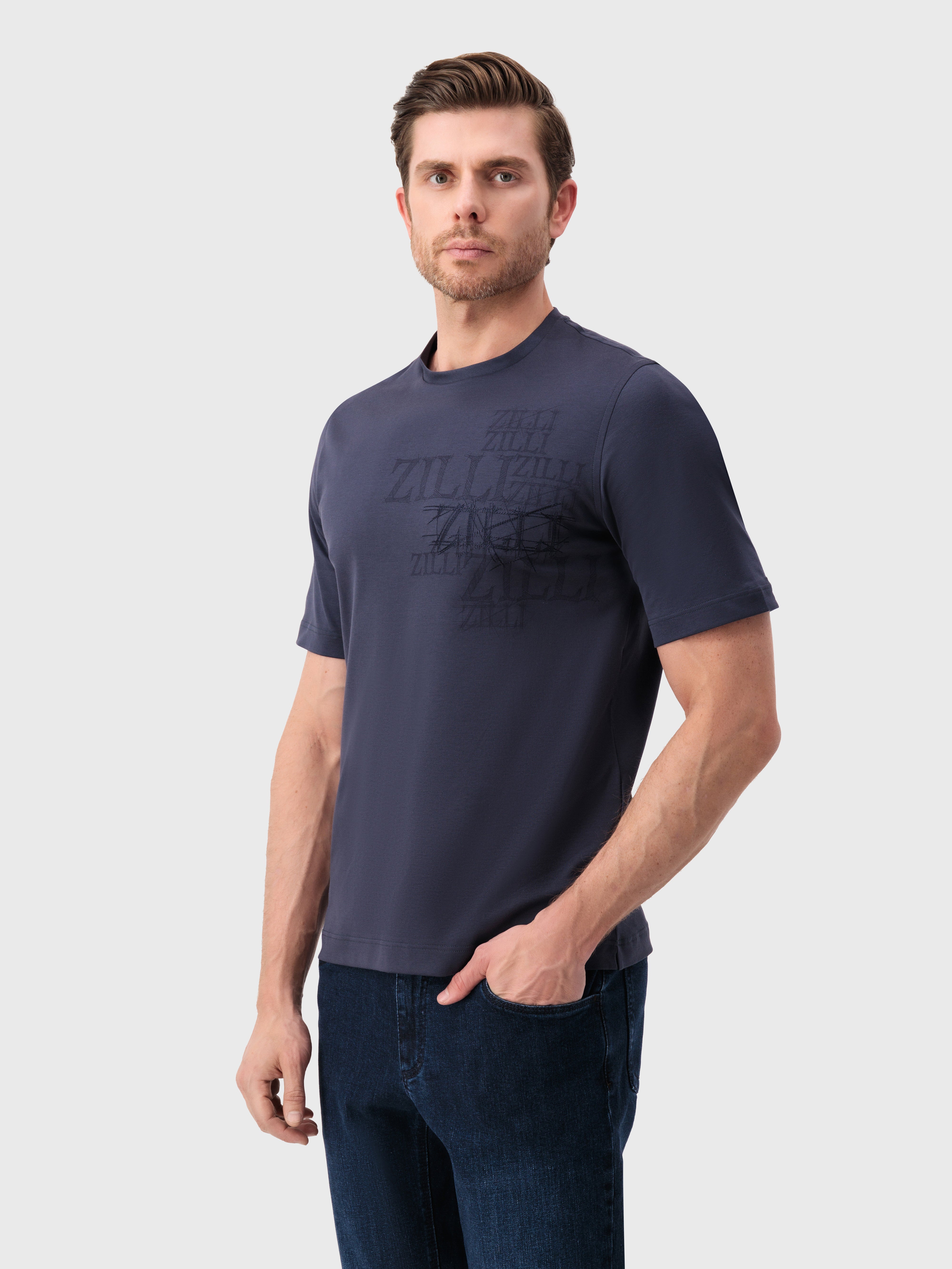 T-Shirt with Graphic ZILLI Design Dark Navy