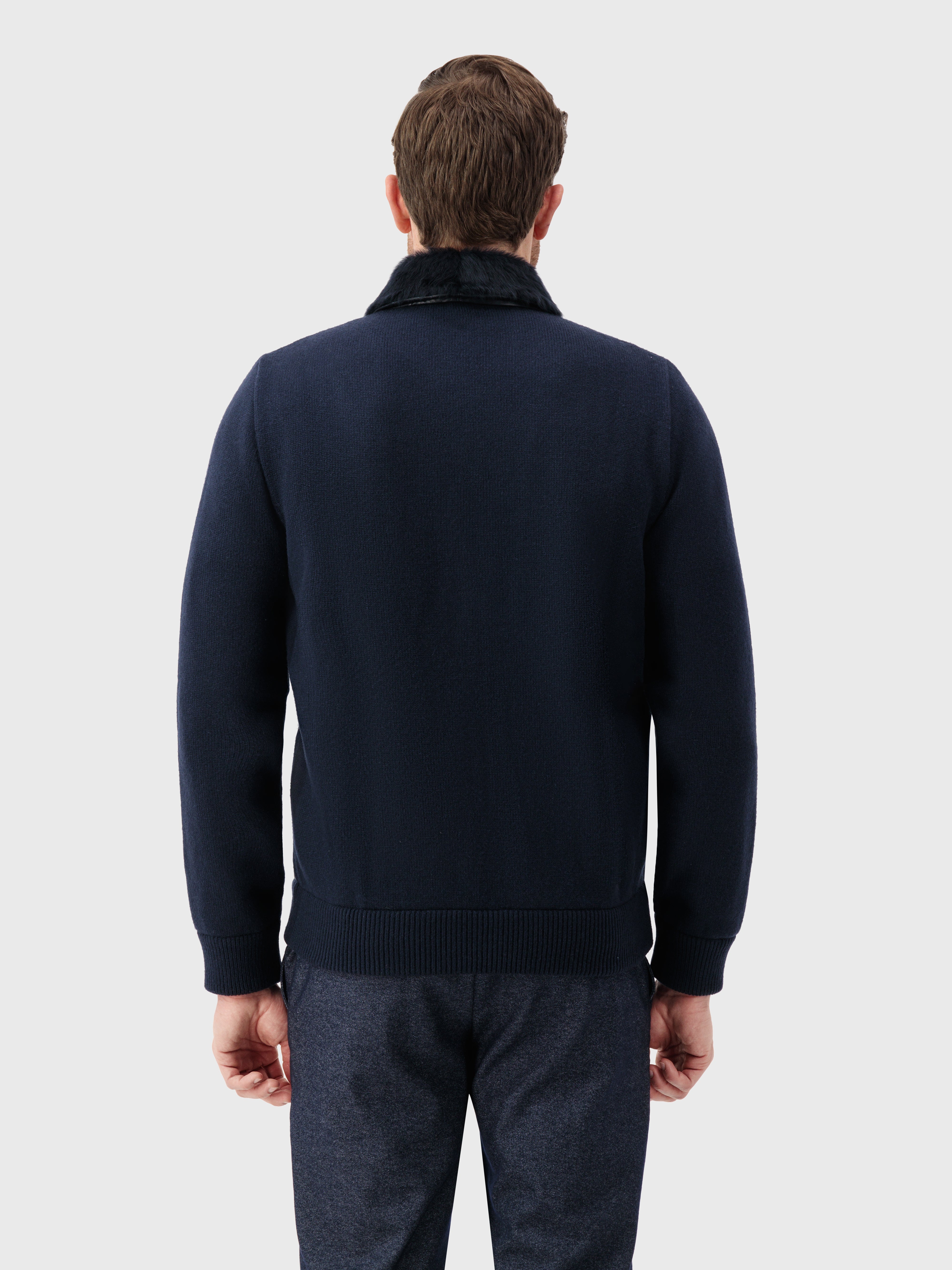 Lambskin Zip-Up with Crossed Stripes Pattern Dark Navy