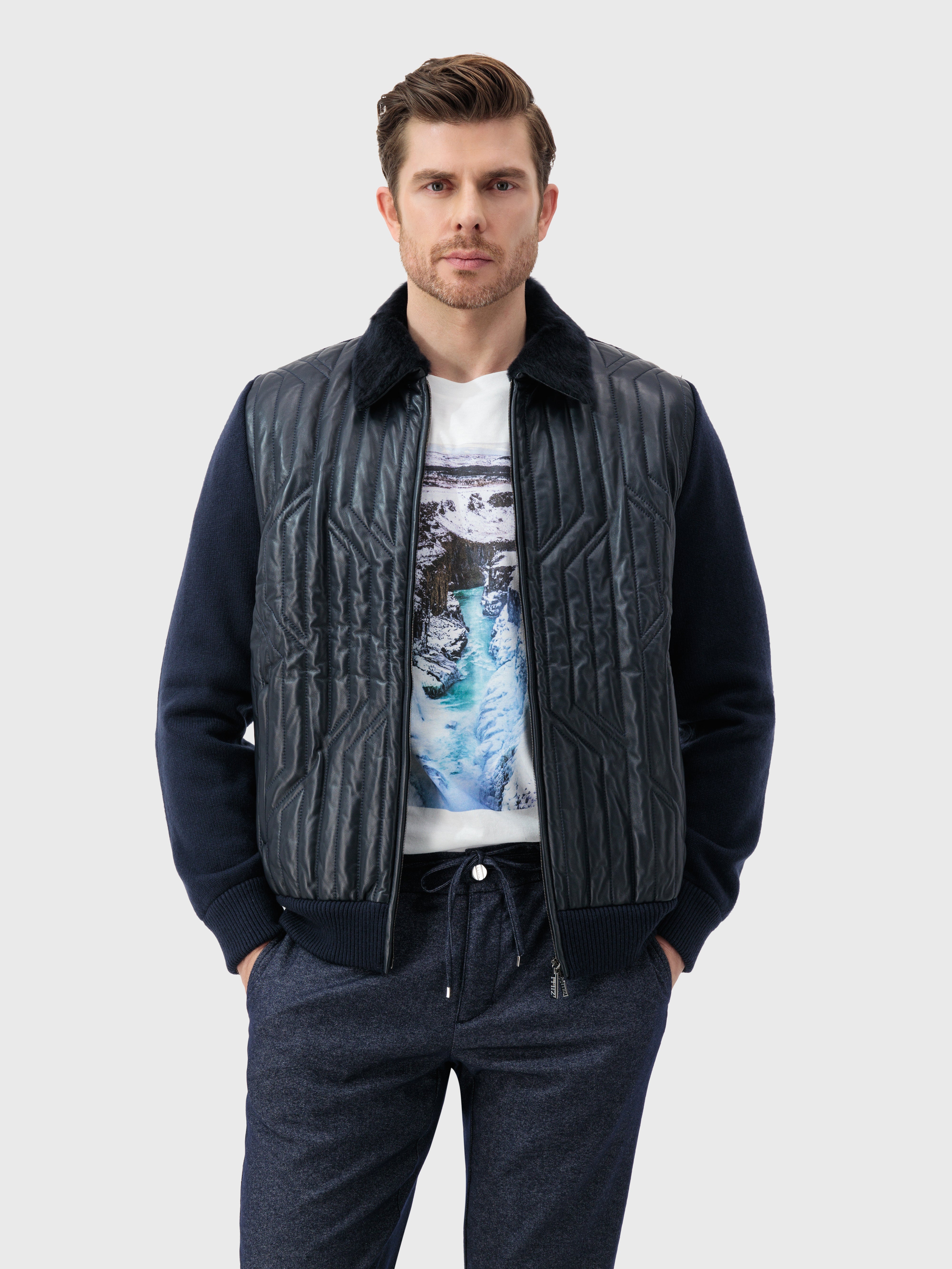 Lambskin Zip-Up with Crossed Stripes Pattern Dark Navy