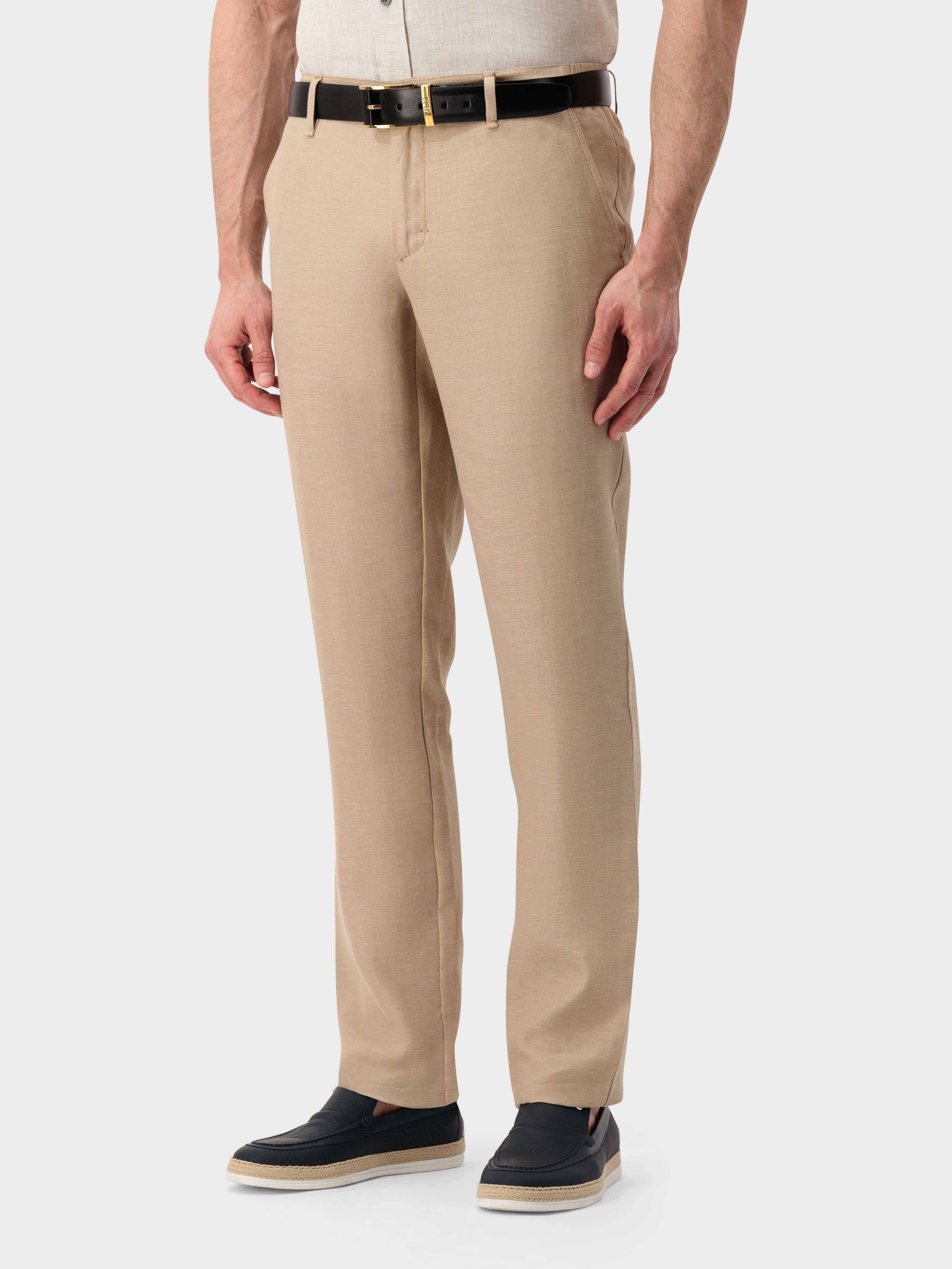 Slim Fit Linen Trousers - Camel