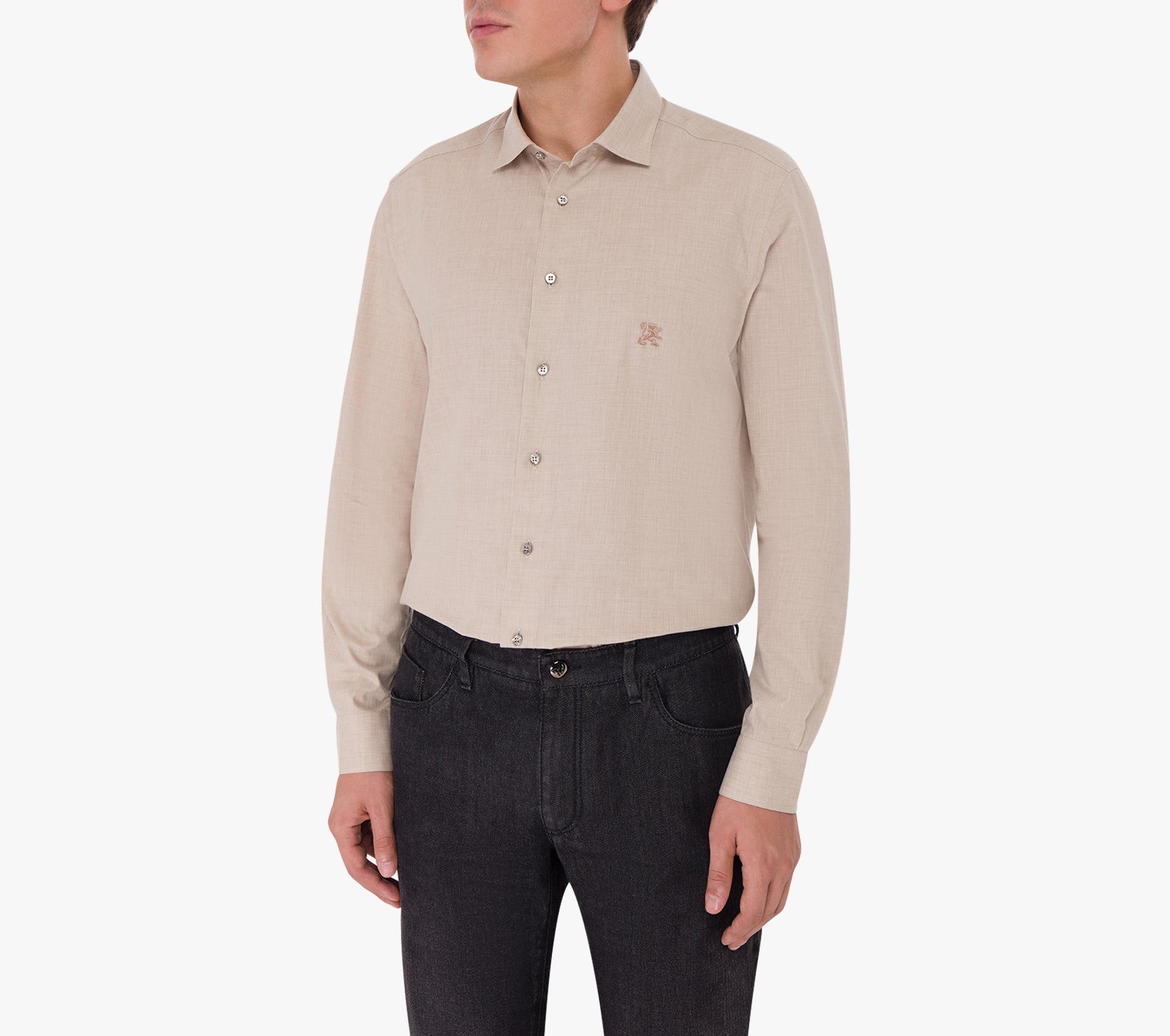 Classic Long-Sleeve Shirt in Cotton and Cashmere with Micro-Griffon Embroidery