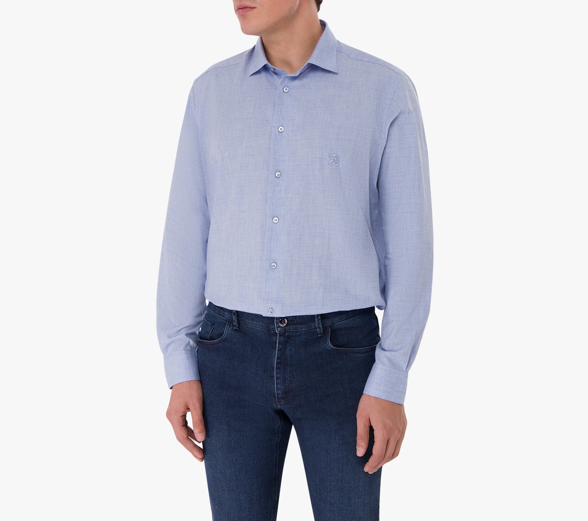 Classic Long-Sleeve Shirt in Cotton and Cashmere with Micro-Griffon Embroidery