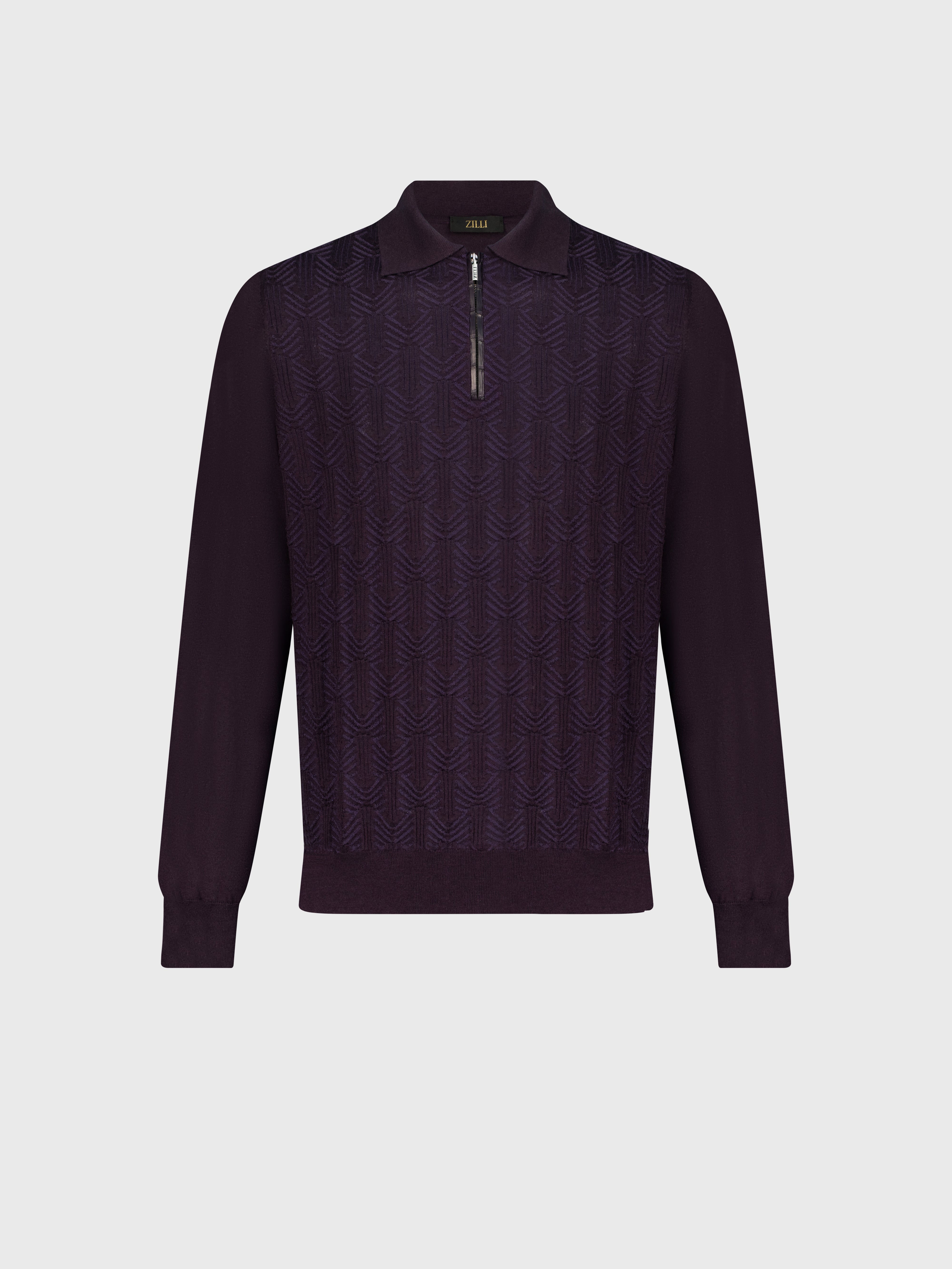 Zipped Polo Shirt with Geometric Jacquard Weave Aubergine