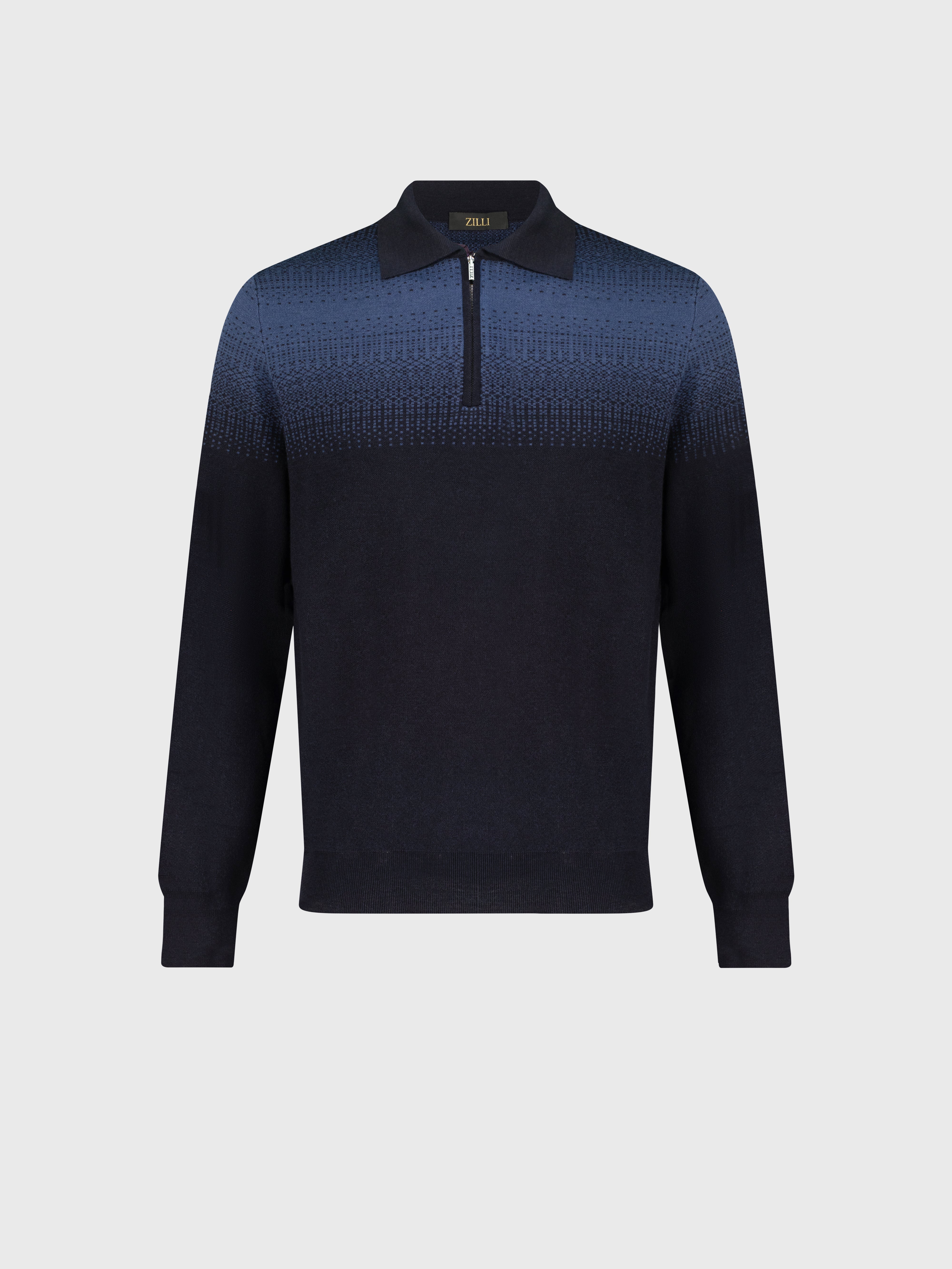 Zipped Polo Shirt with Blue Shading Jacquard Weave