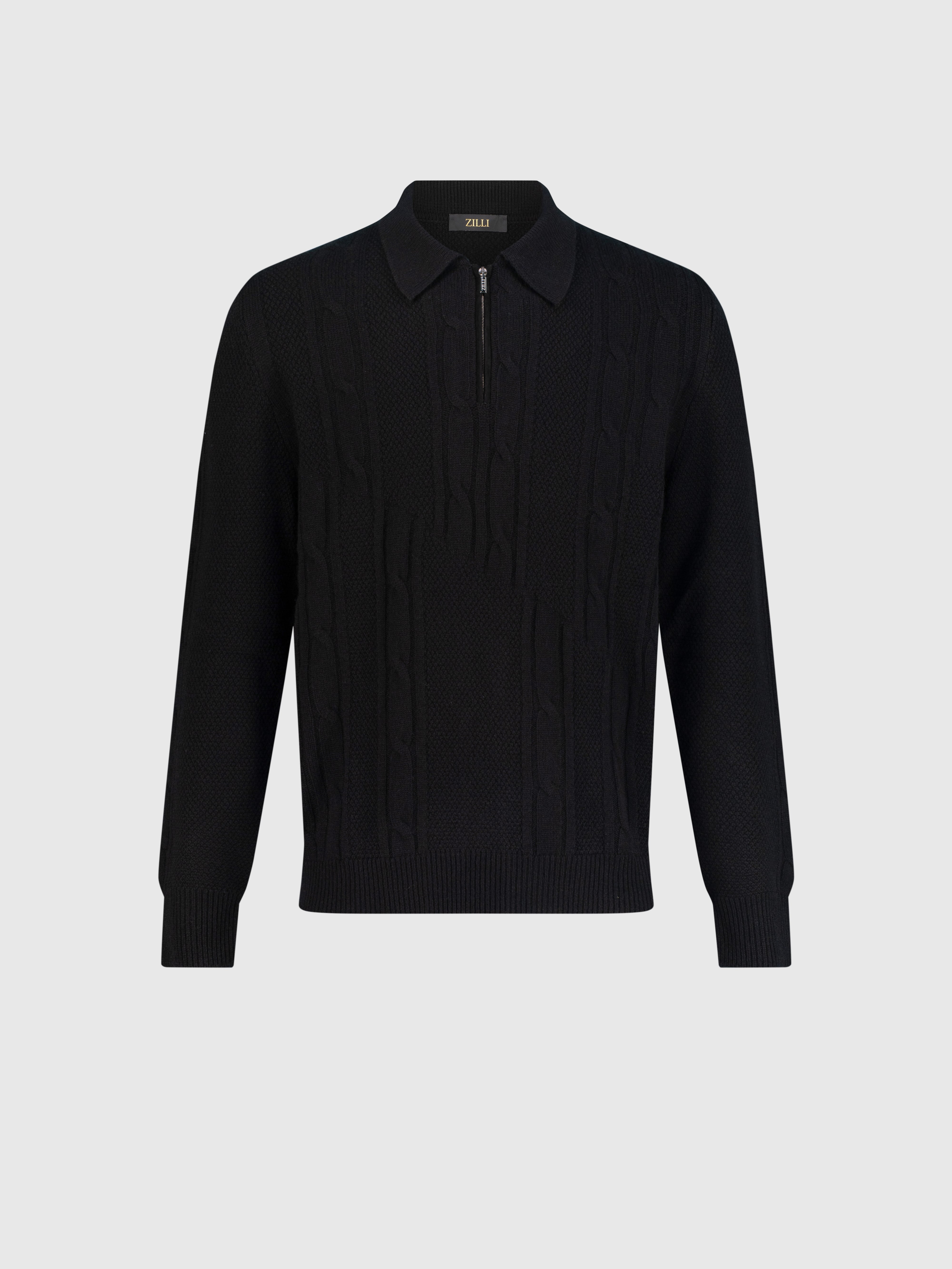 Polo with Cable Knit Pattern Black