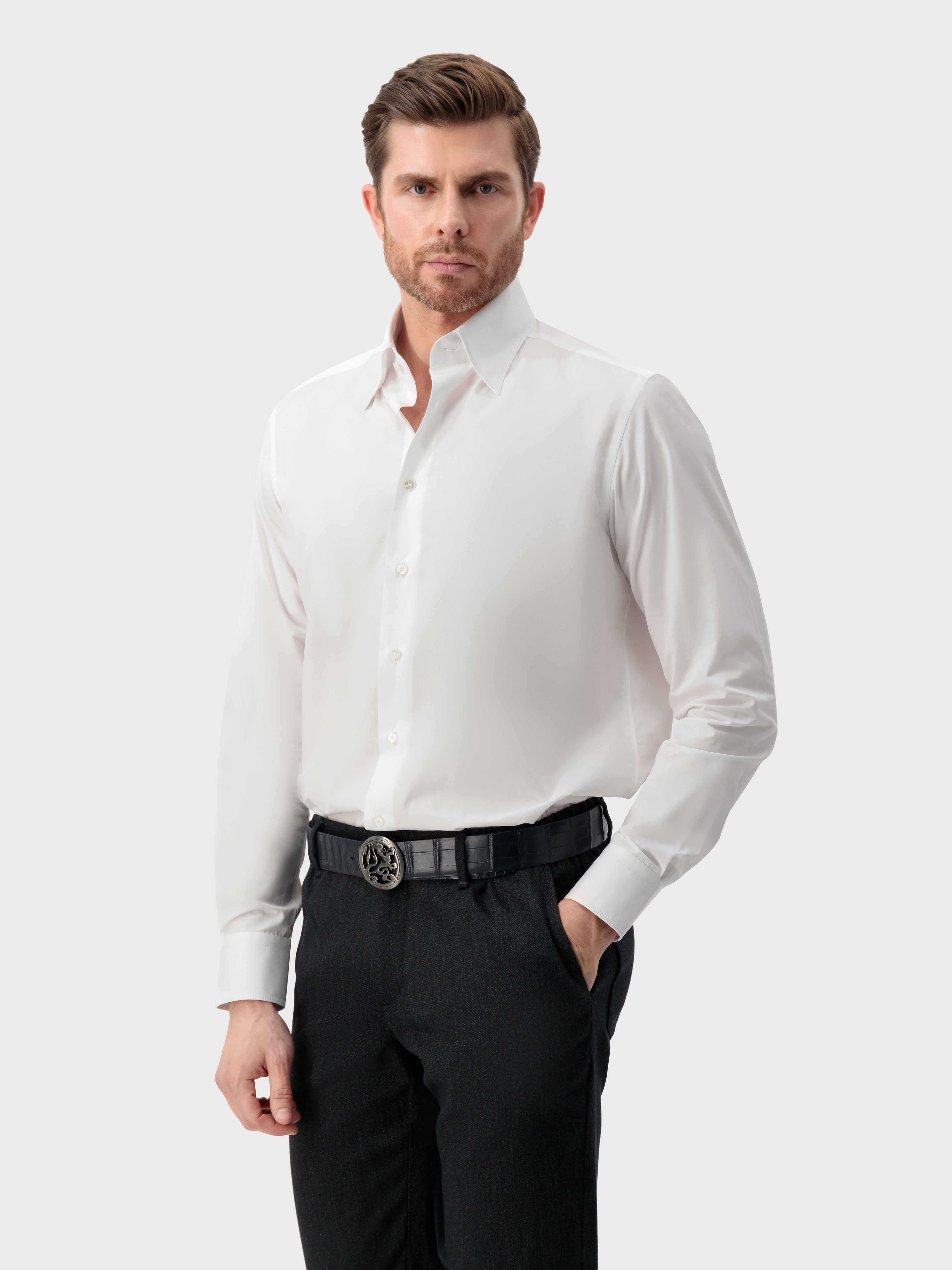 Cotton Shirt with Triple Stitching White