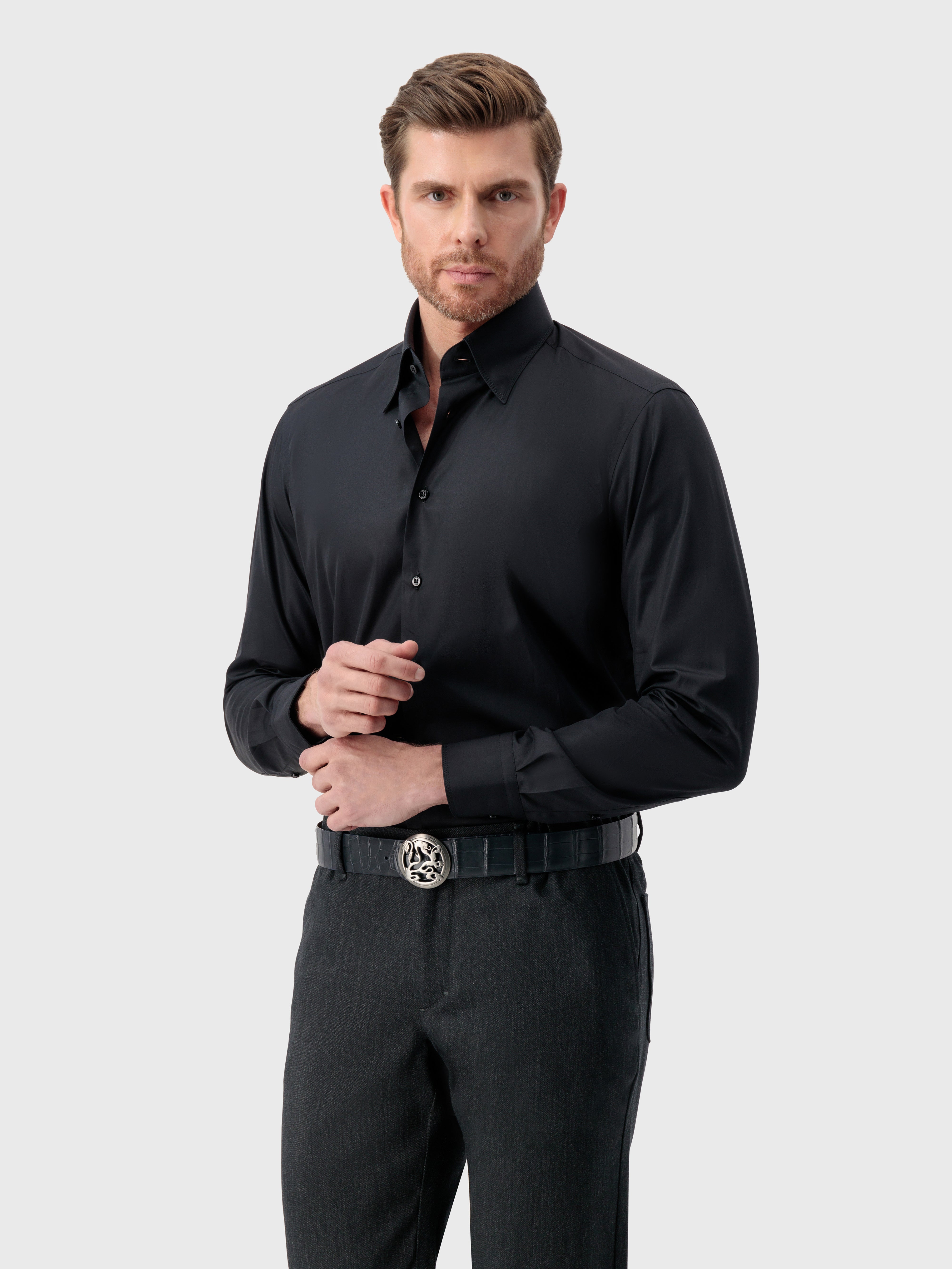 Cotton Shirt with Triple Stitching Black