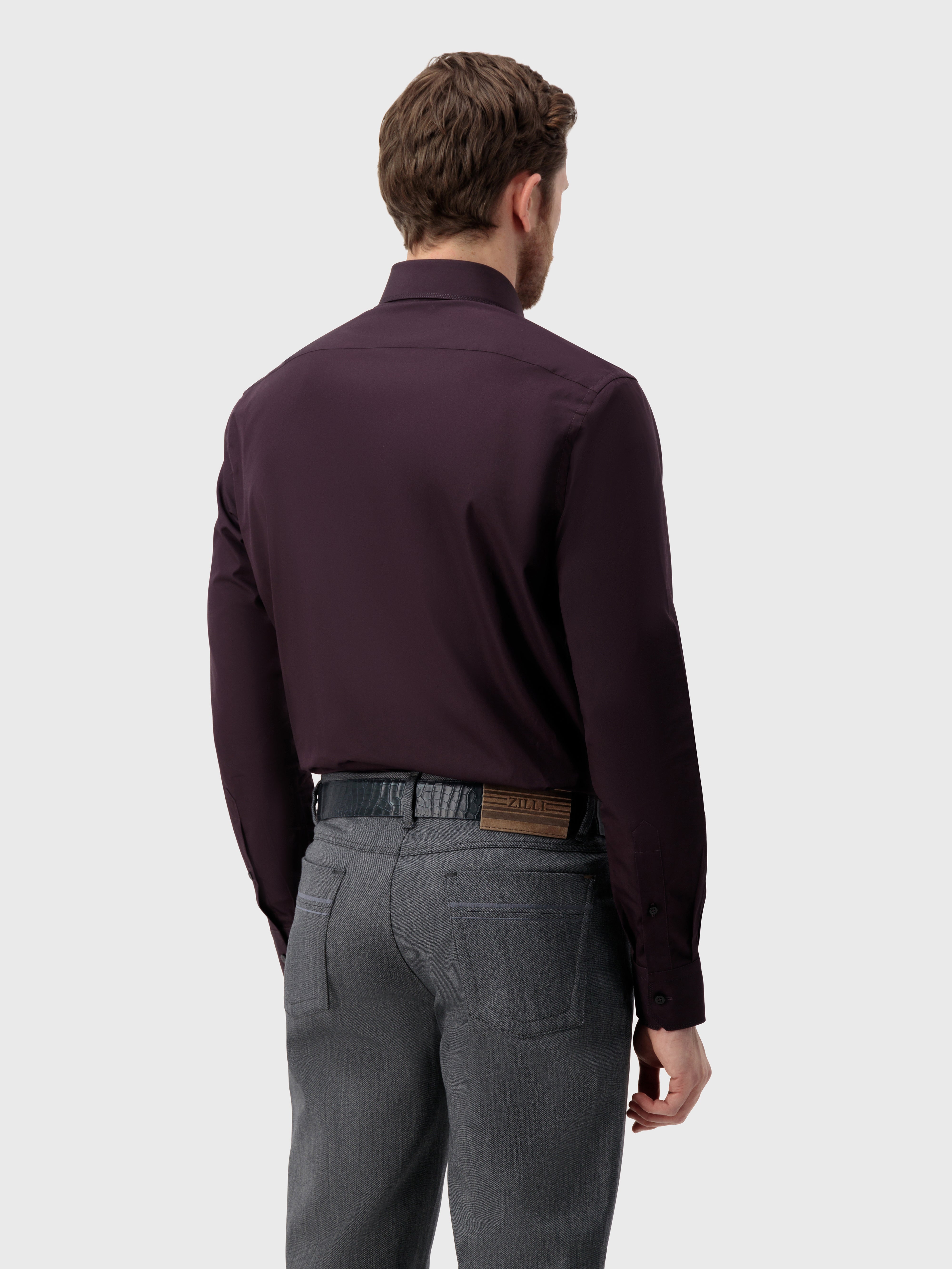 Cotton Shirt with Triple Stitching Aubergine