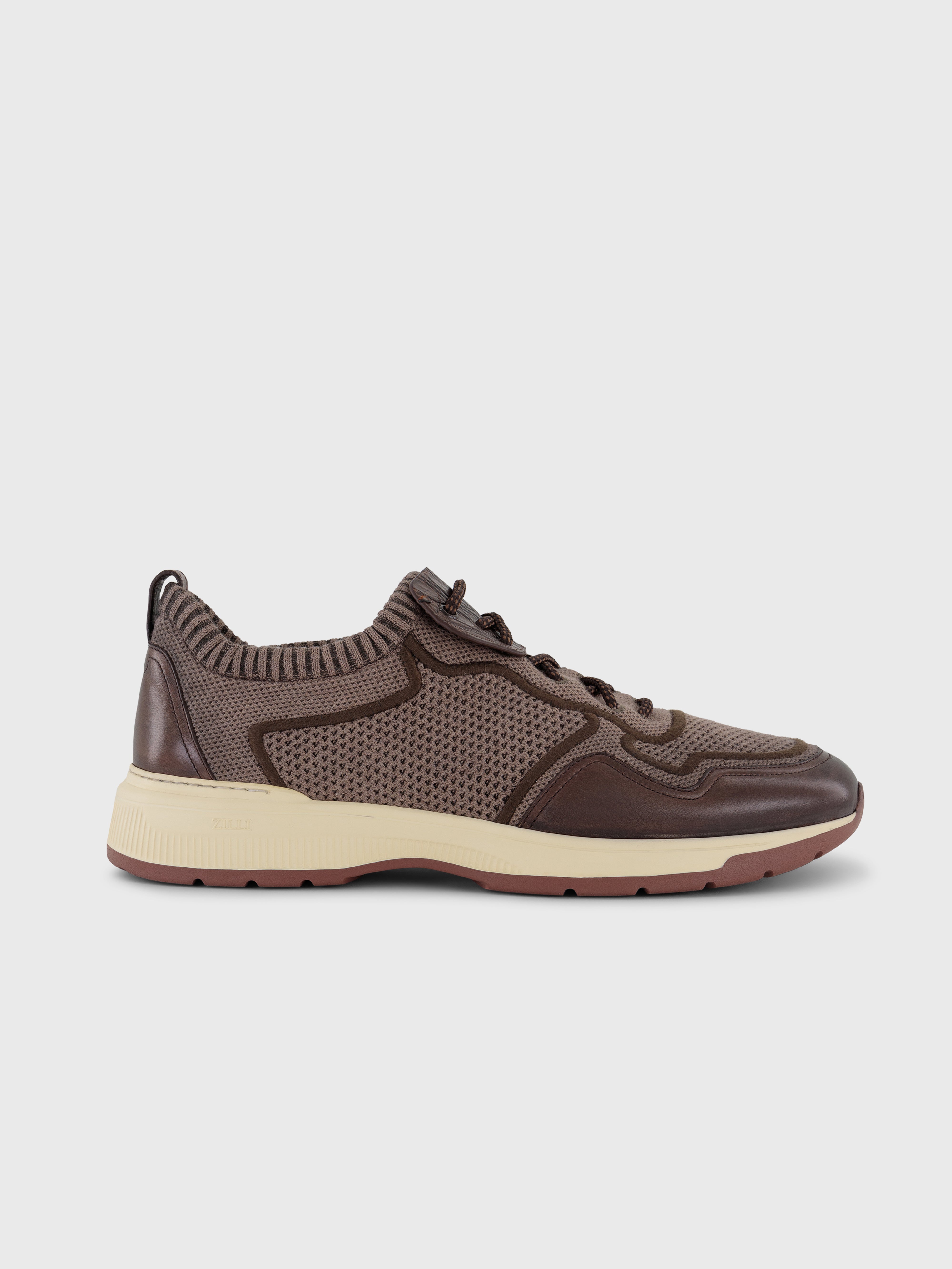 Knit and Calfskin Low-Top Sneakers - Stone Tan