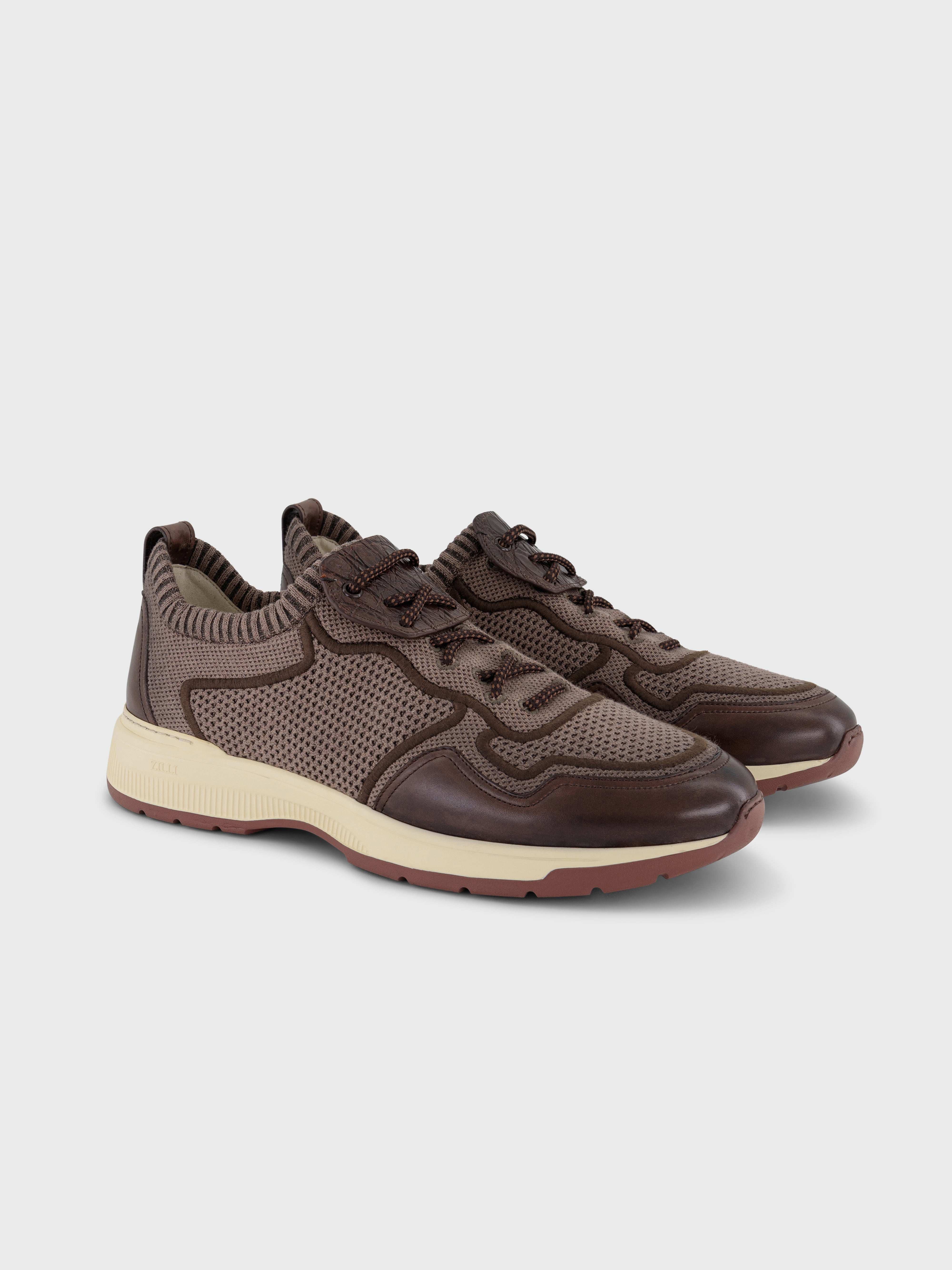 Knit and Calfskin Low-Top Sneakers - Stone Tan