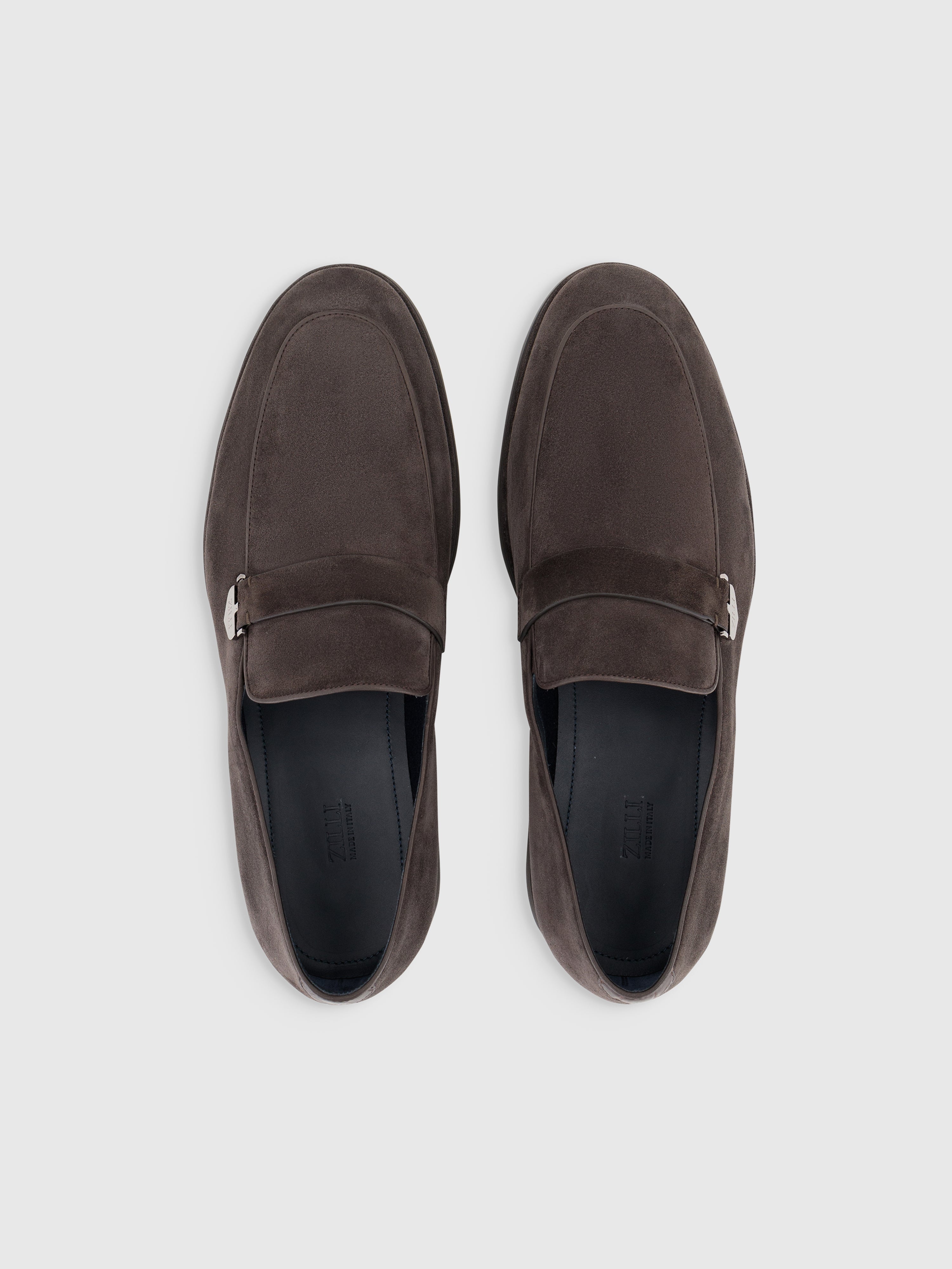 Suede Kidskin Slip-On with Penny Strap Dark Brown