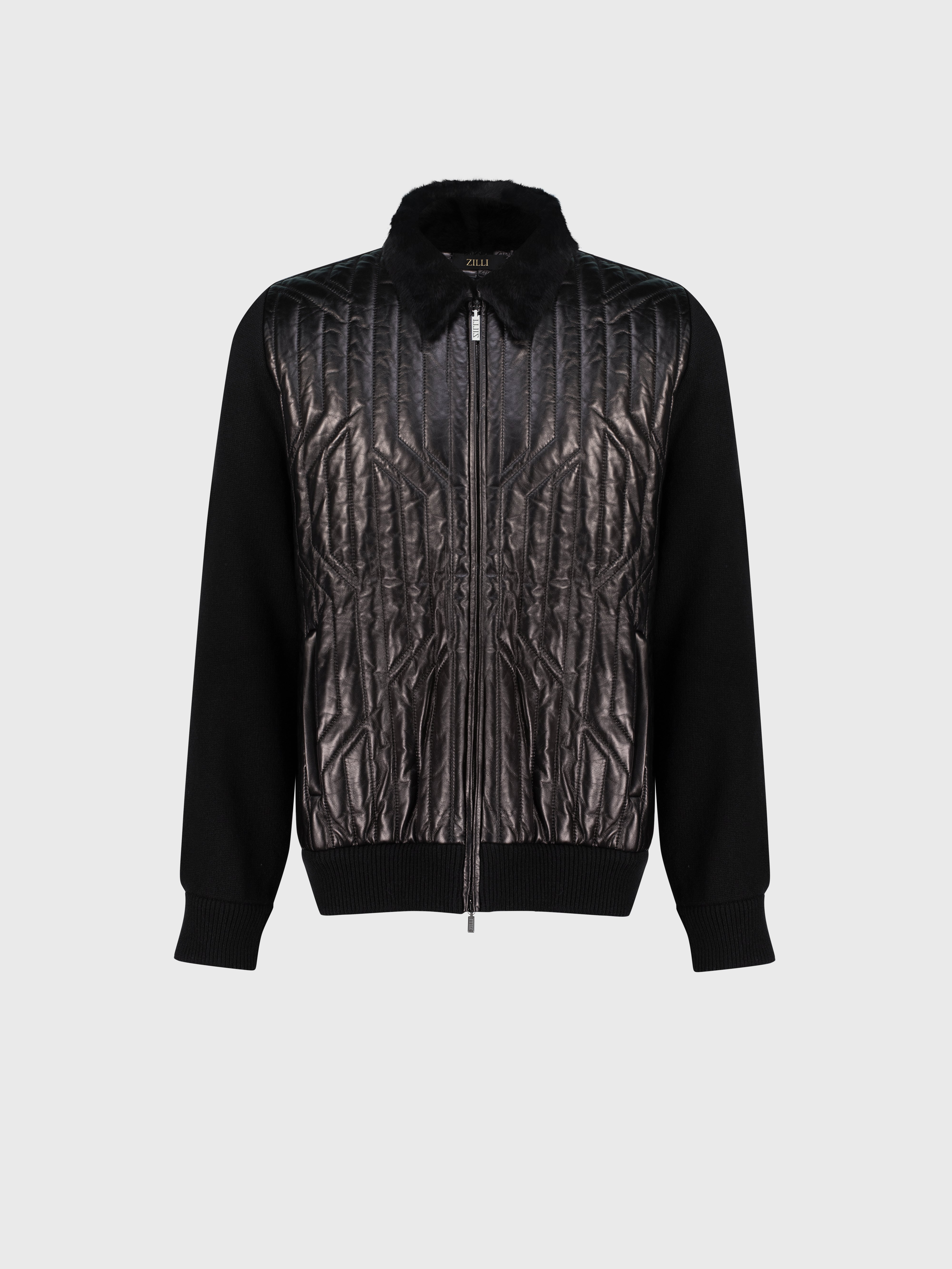 Lambskin Zip-Up with Crossed Stripes Pattern Black