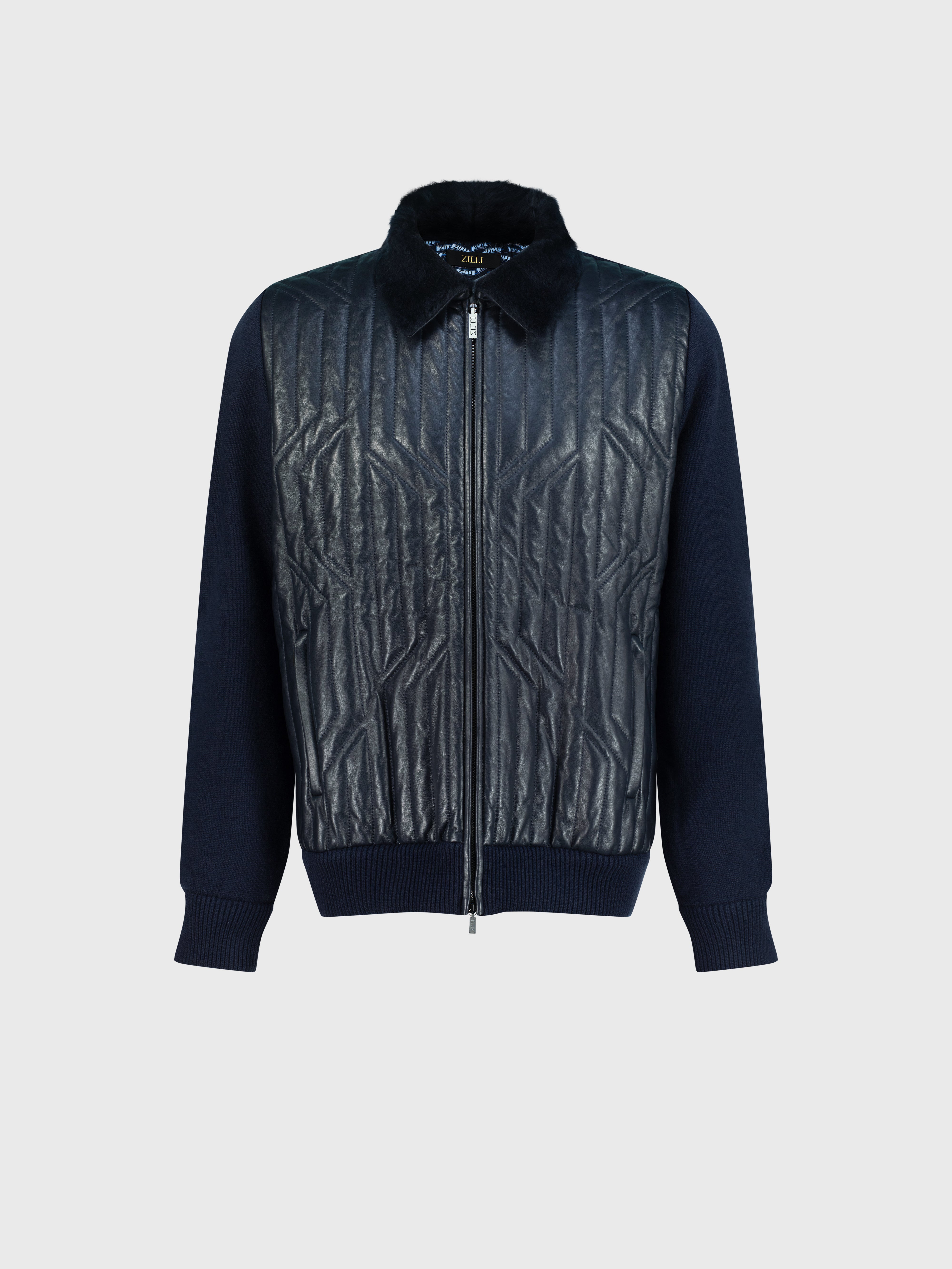 Lambskin Zip-Up with Crossed Stripes Pattern Dark Navy