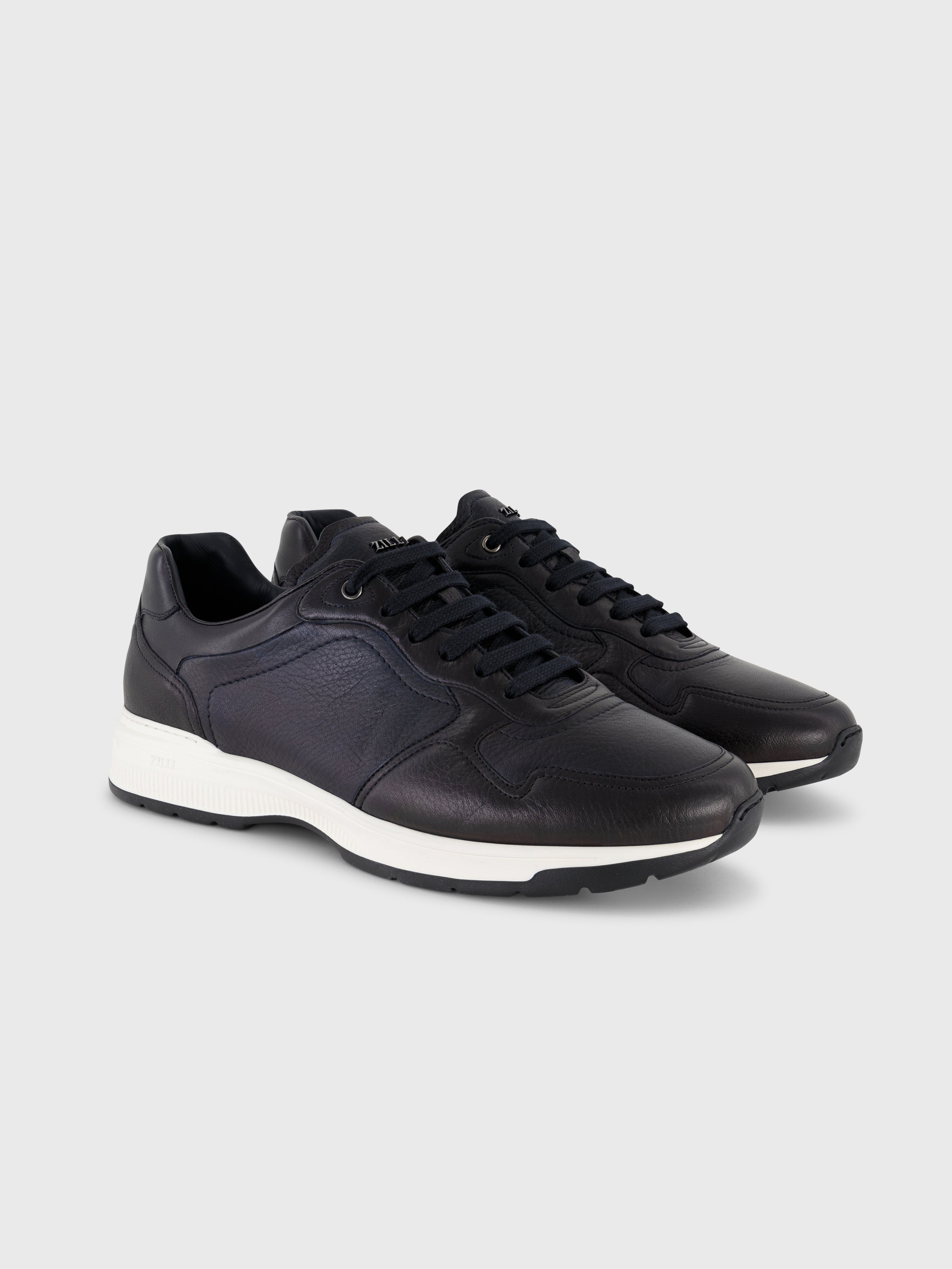 Deerskin and Calfskin Lace-Up Sneakers Dark Navy