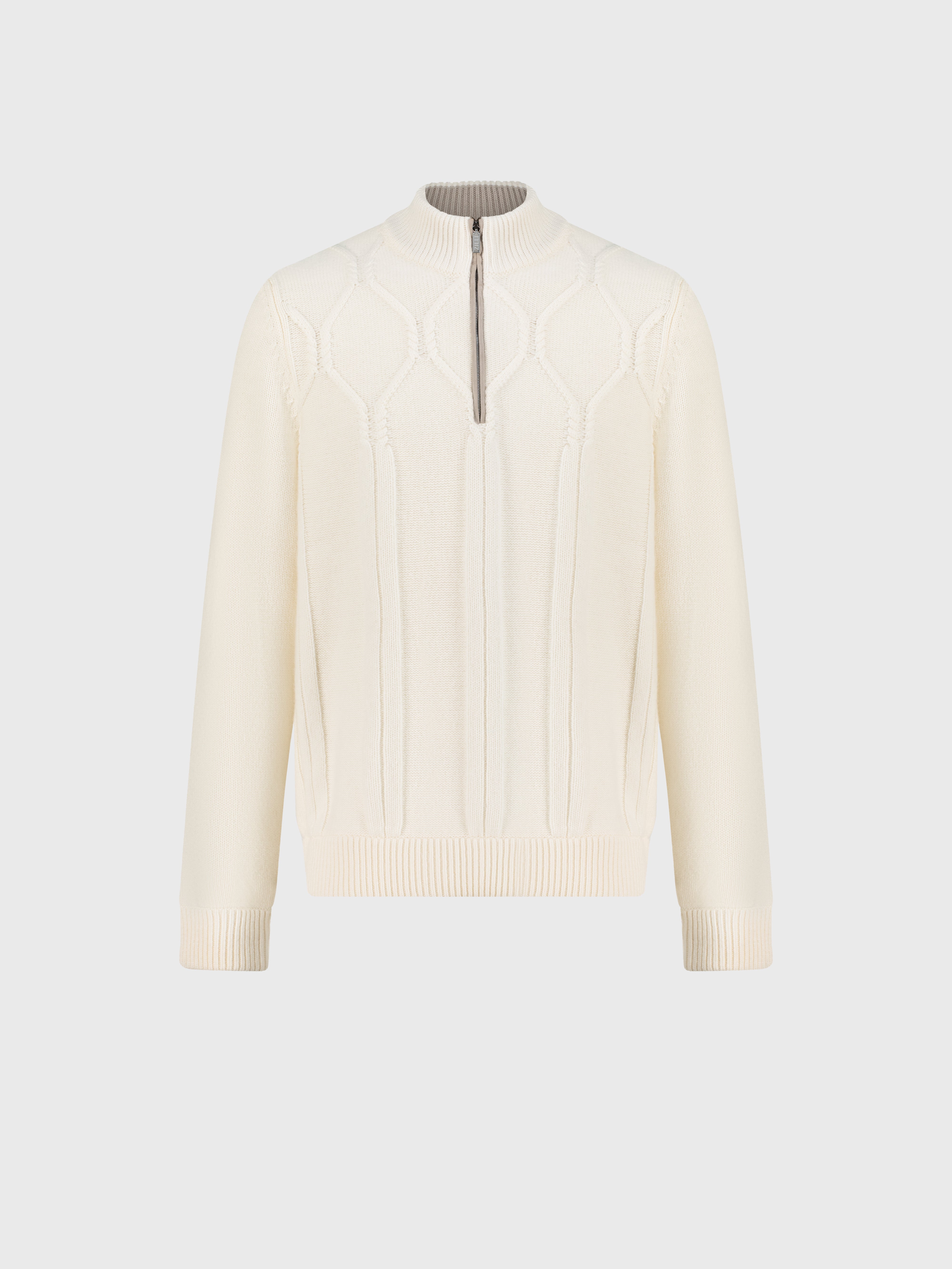 Mock Neck Zipped Cardigan with Rhombus Jacquard Weaving White