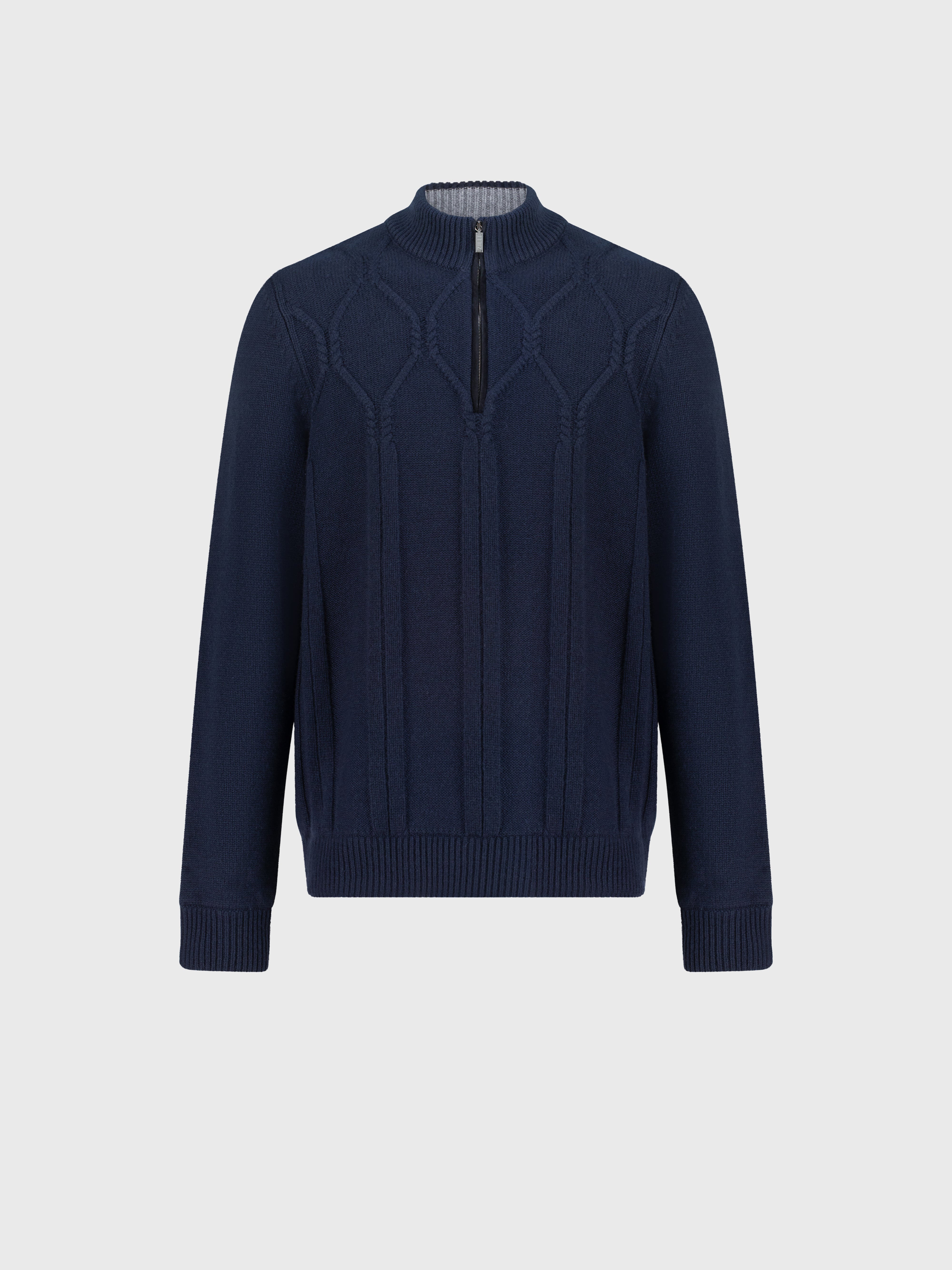 Mock Neck Zipped Cardigan with Rhombus Jacquard Weaving Dark Navy