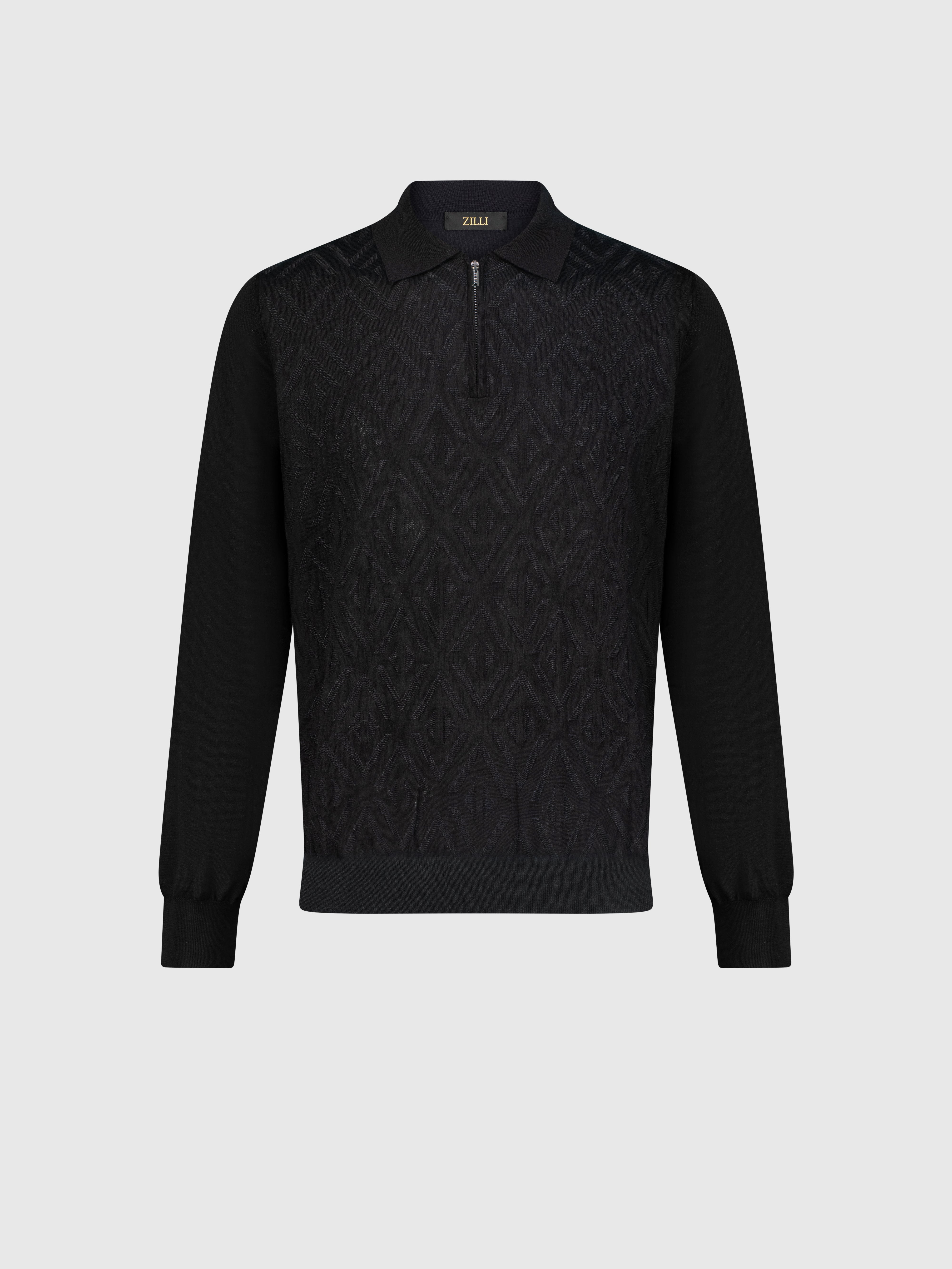 Zipped Polo with Rhombus Jacquard Weave Black