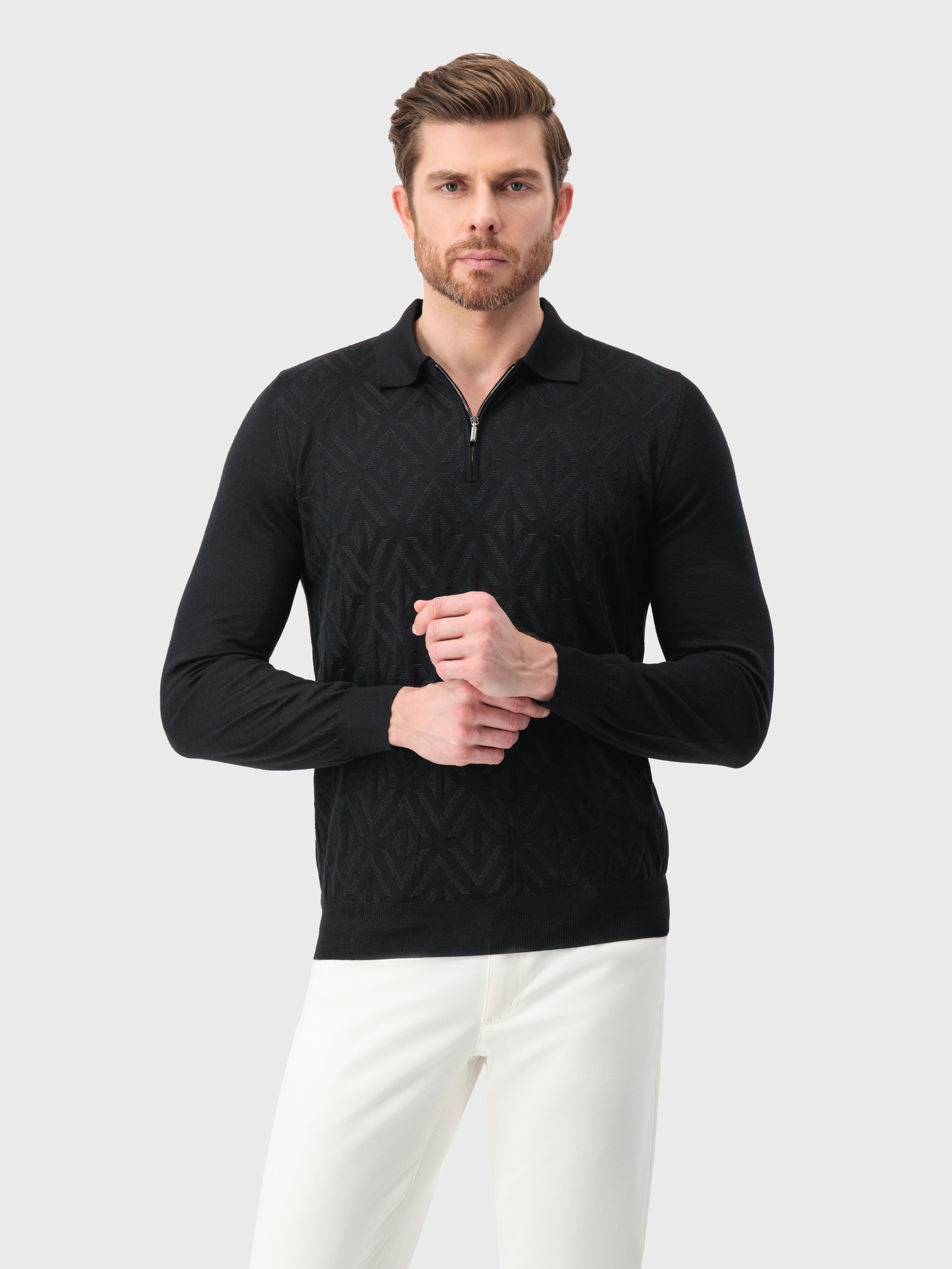 Zipped Polo with Rhombus Jacquard Weave Black