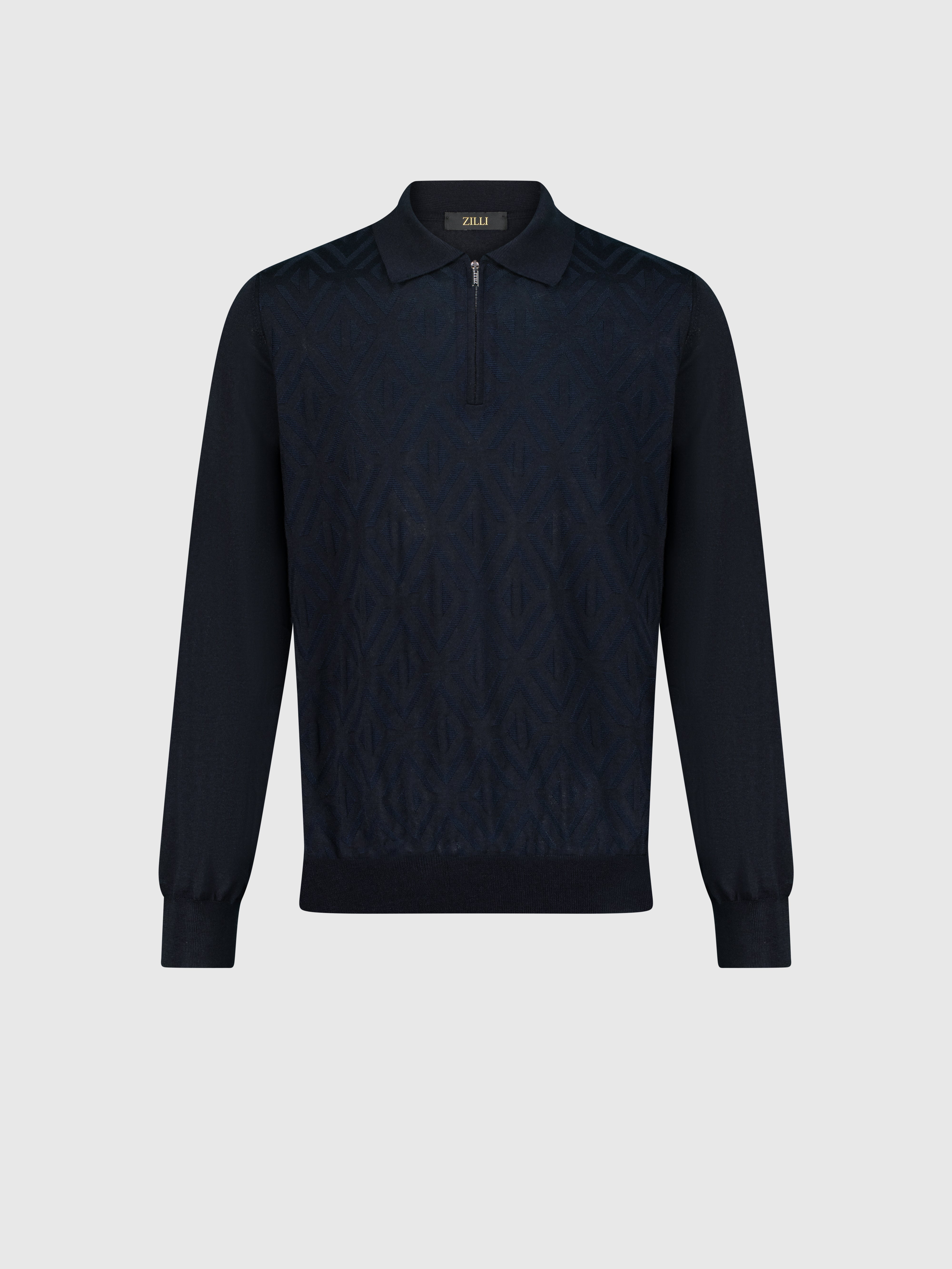 Zipped Polo with Rhombus Jacquard Weave Dark Navy