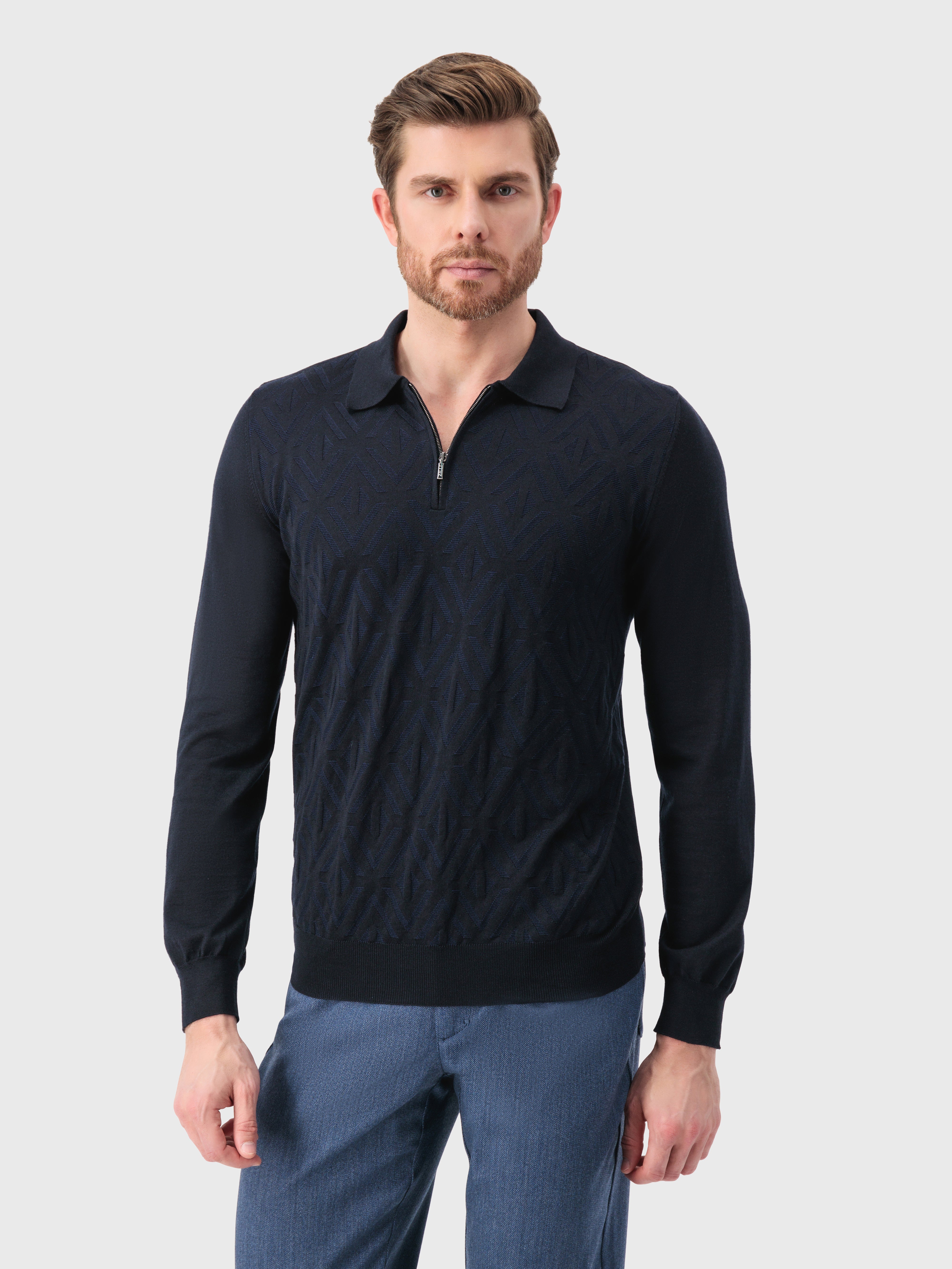 Zipped Polo with Rhombus Jacquard Weave Dark Navy