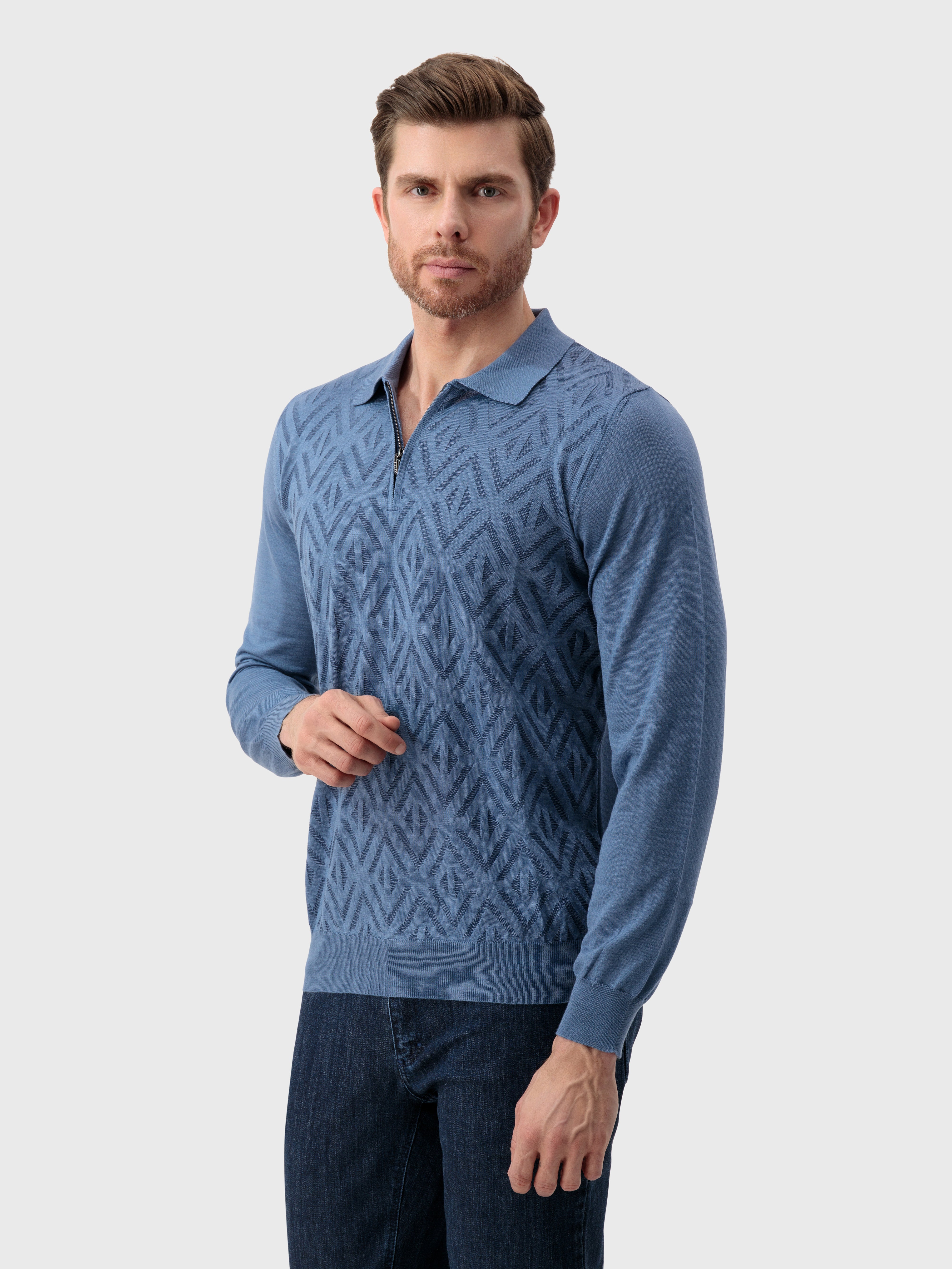 Zipped Polo with Rhombus Jacquard Weave Smoke Avio