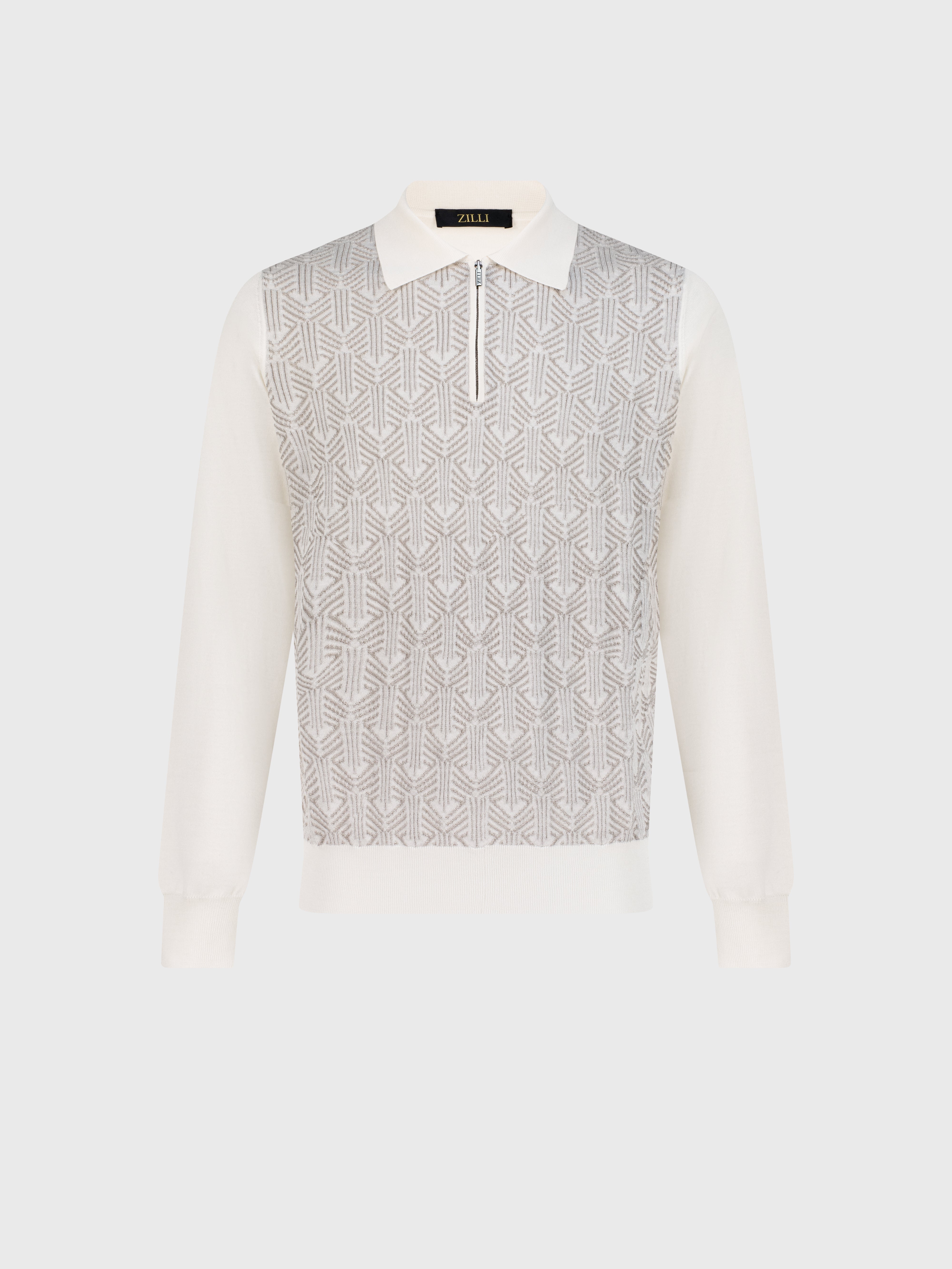 Zipped Polo with Geometric Jacquard Weave White