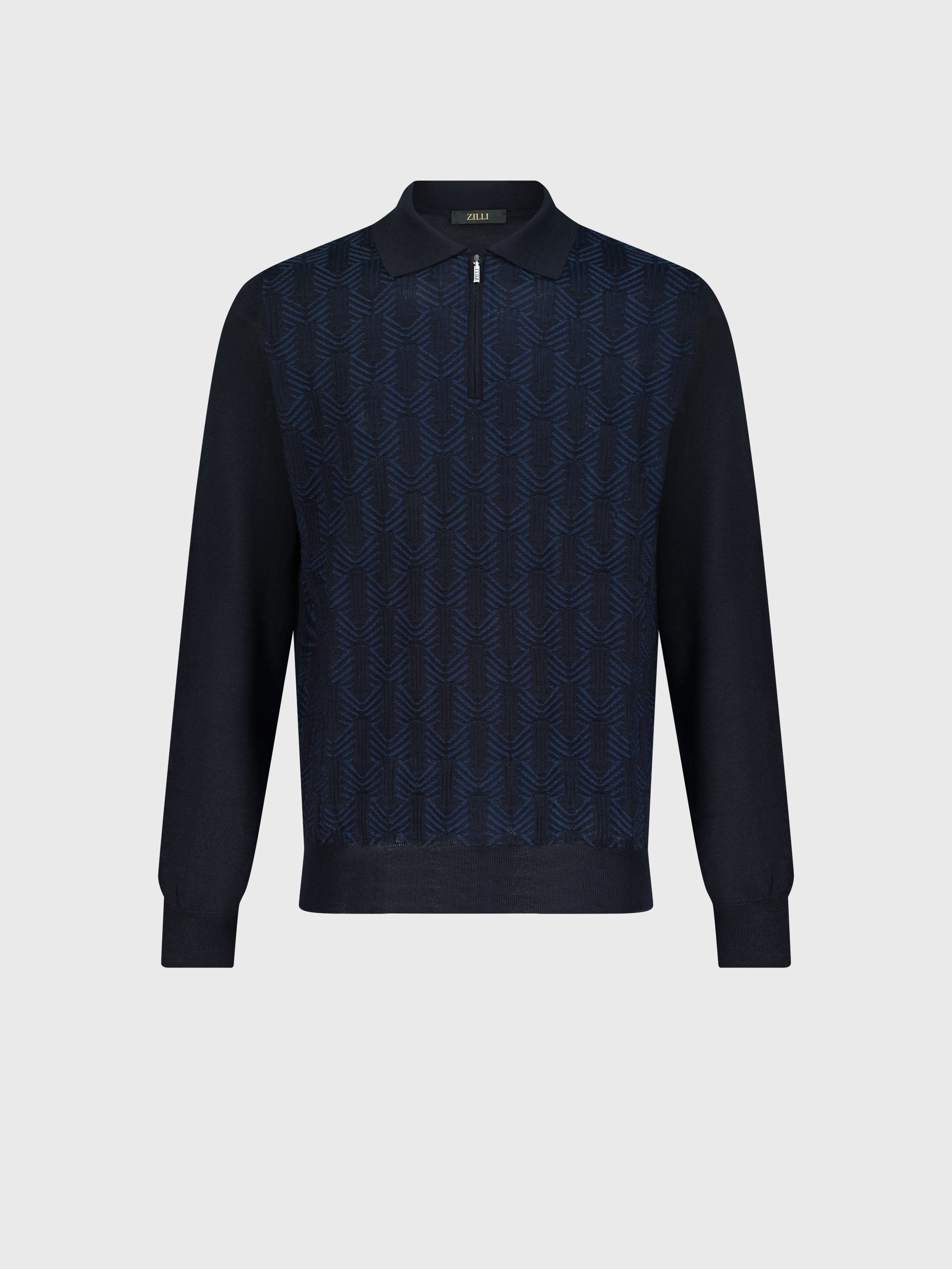 Zipped Polo with Geometric Jacquard Weave Dark Navy