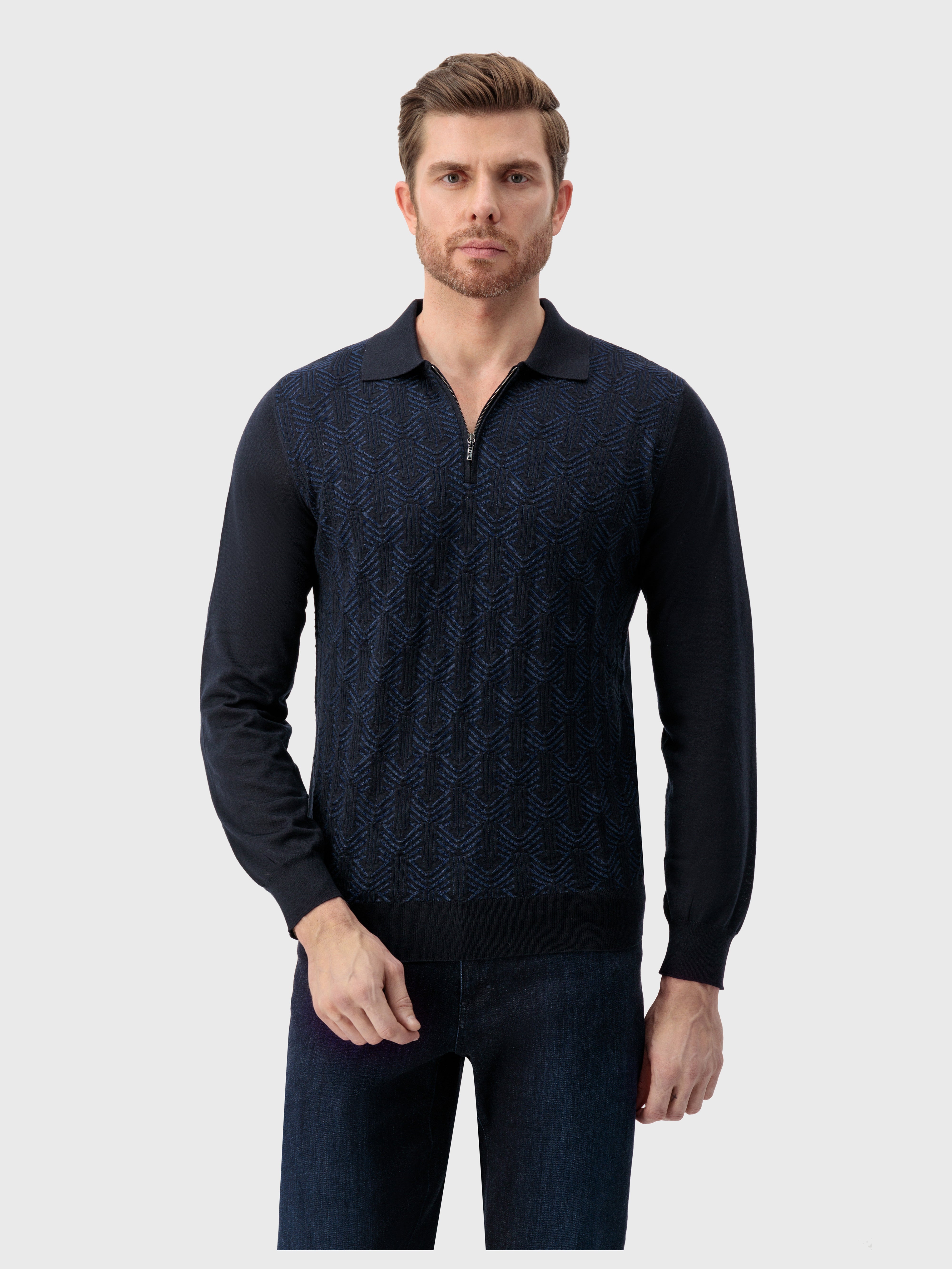 Zipped Polo with Geometric Jacquard Weave Dark Navy