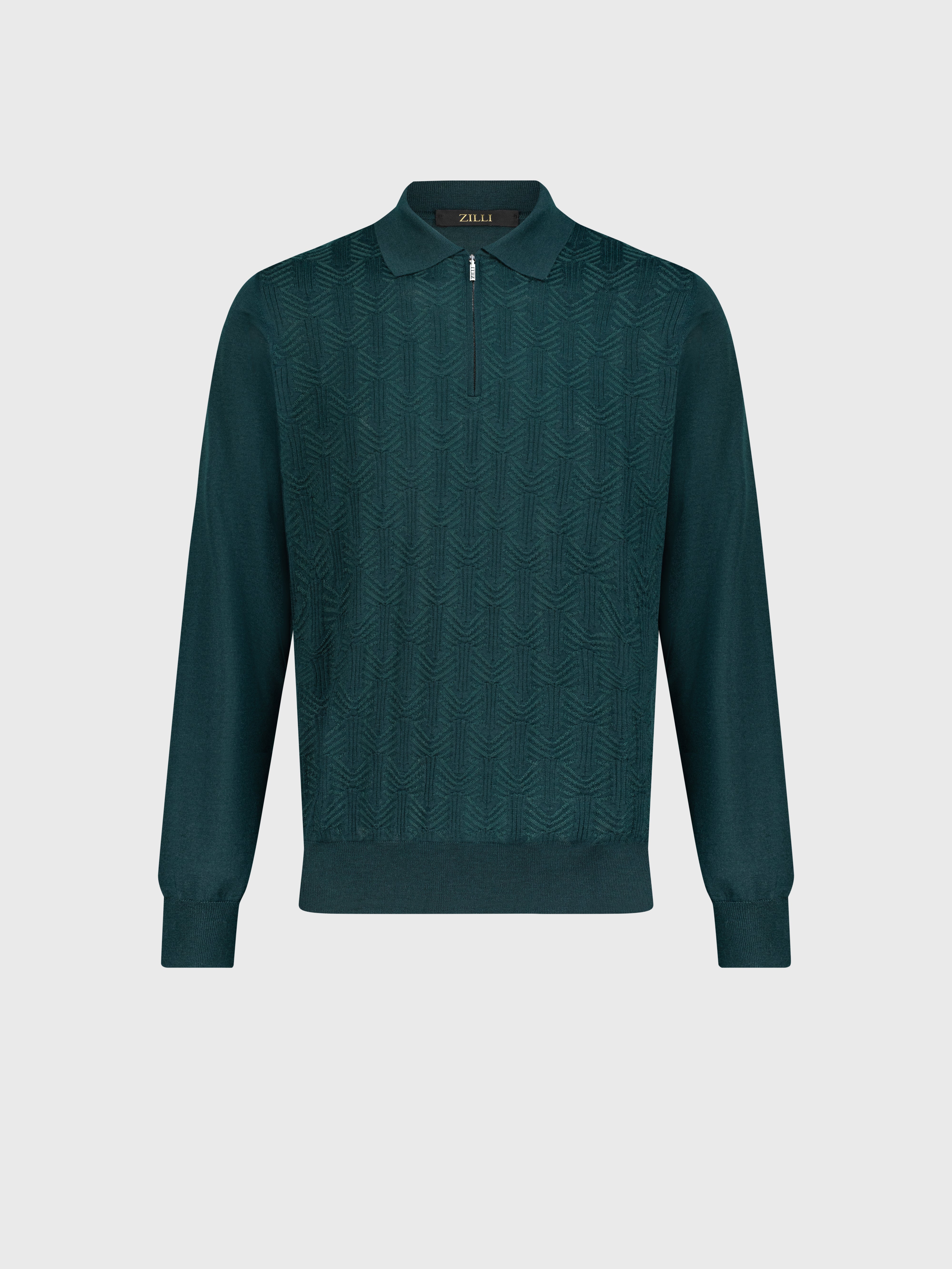 Zipped Polo with Geometric Jacquard Weave Dark Green