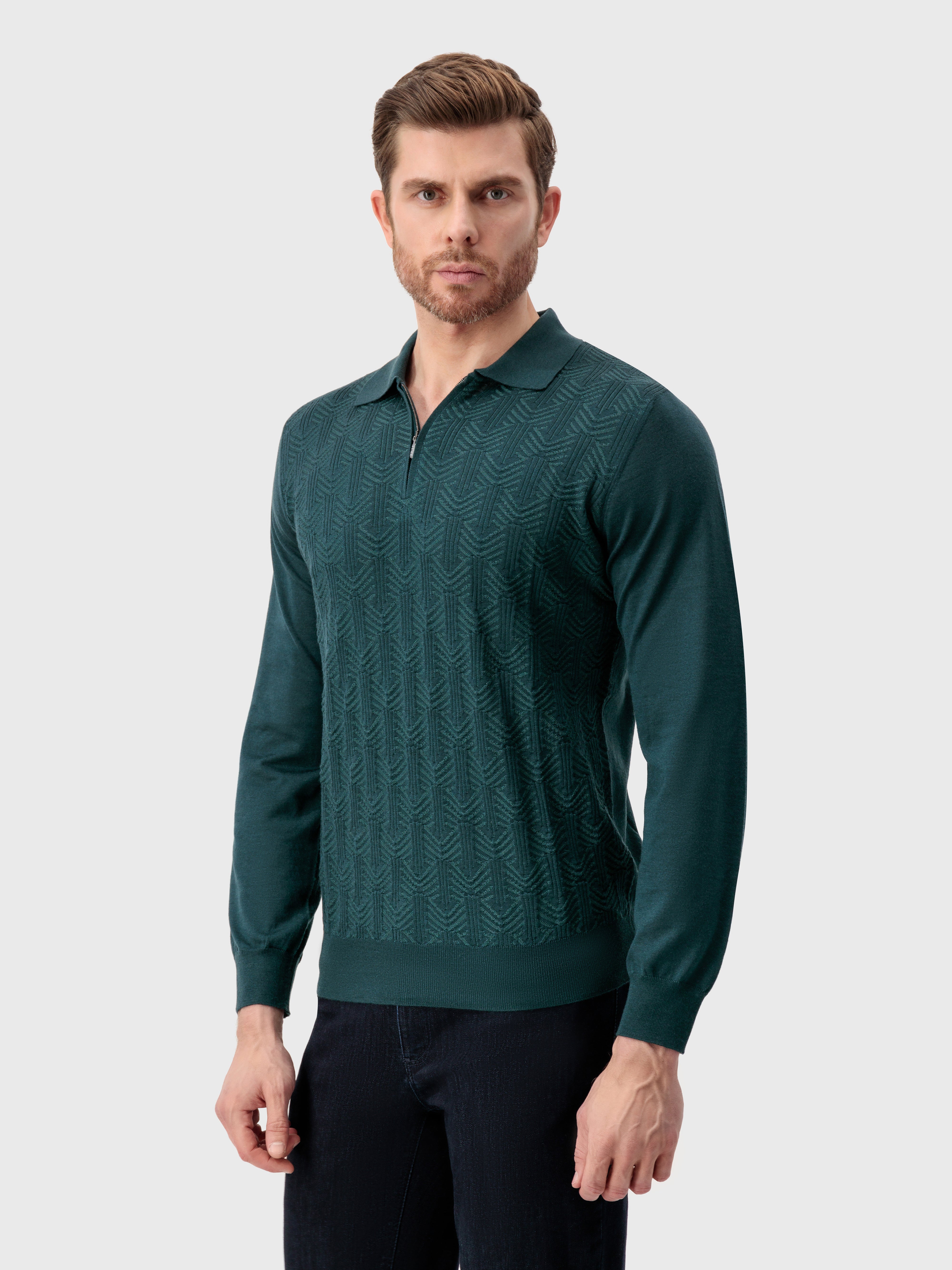 Zipped Polo with Geometric Jacquard Weave Dark Green