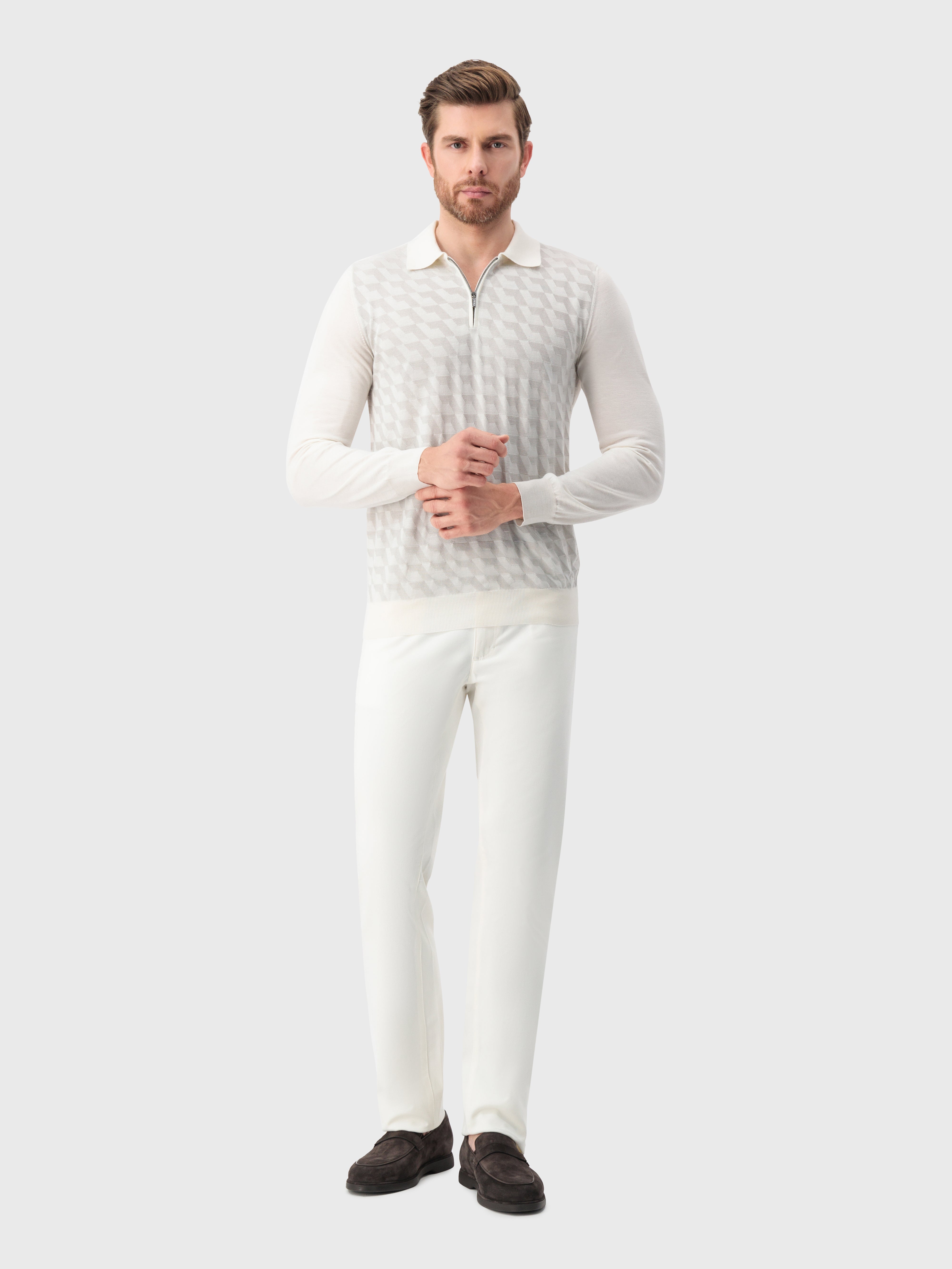 Cashmere and Silk Zipped Polo White