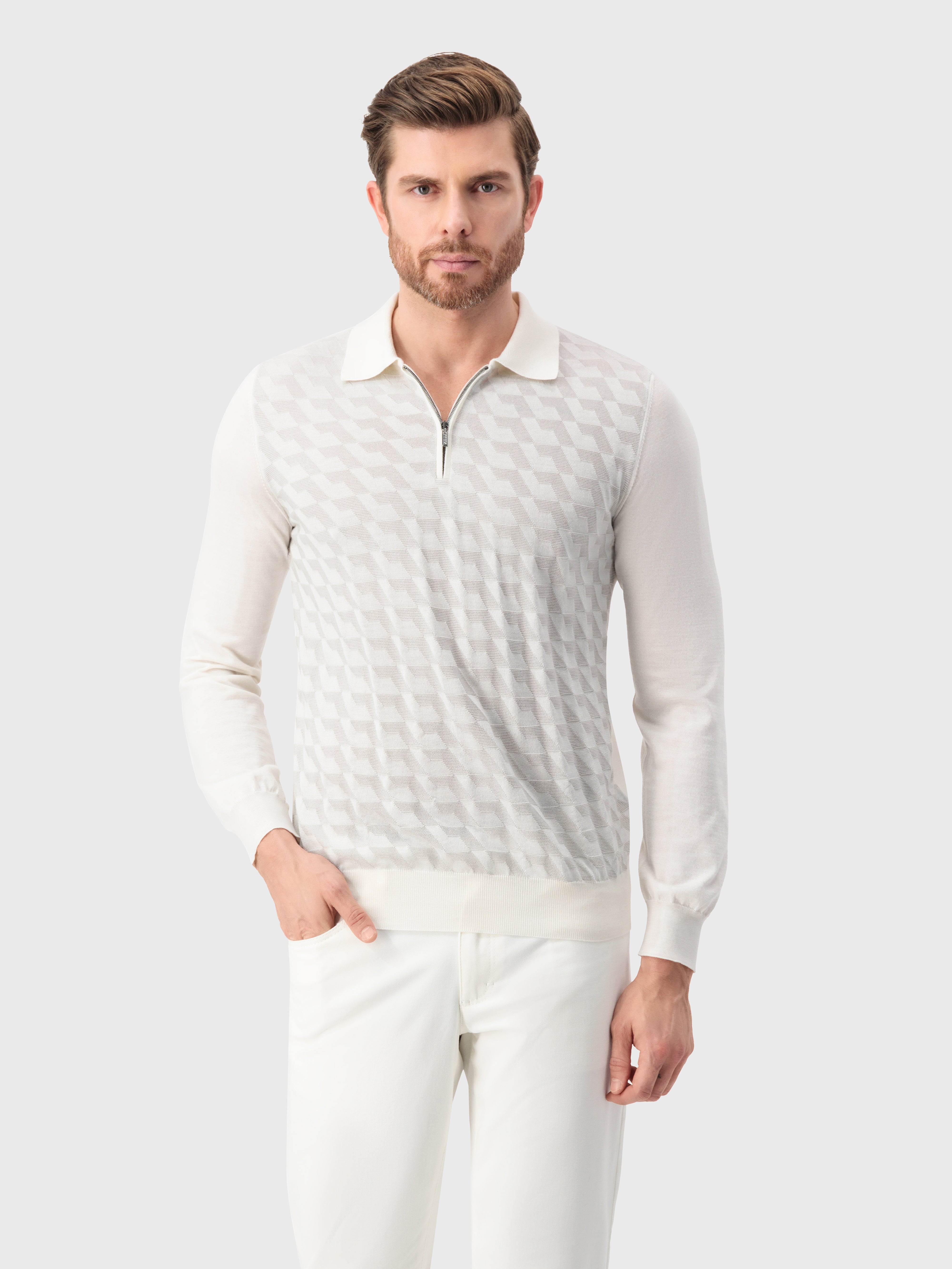 Cashmere and Silk Zipped Polo White