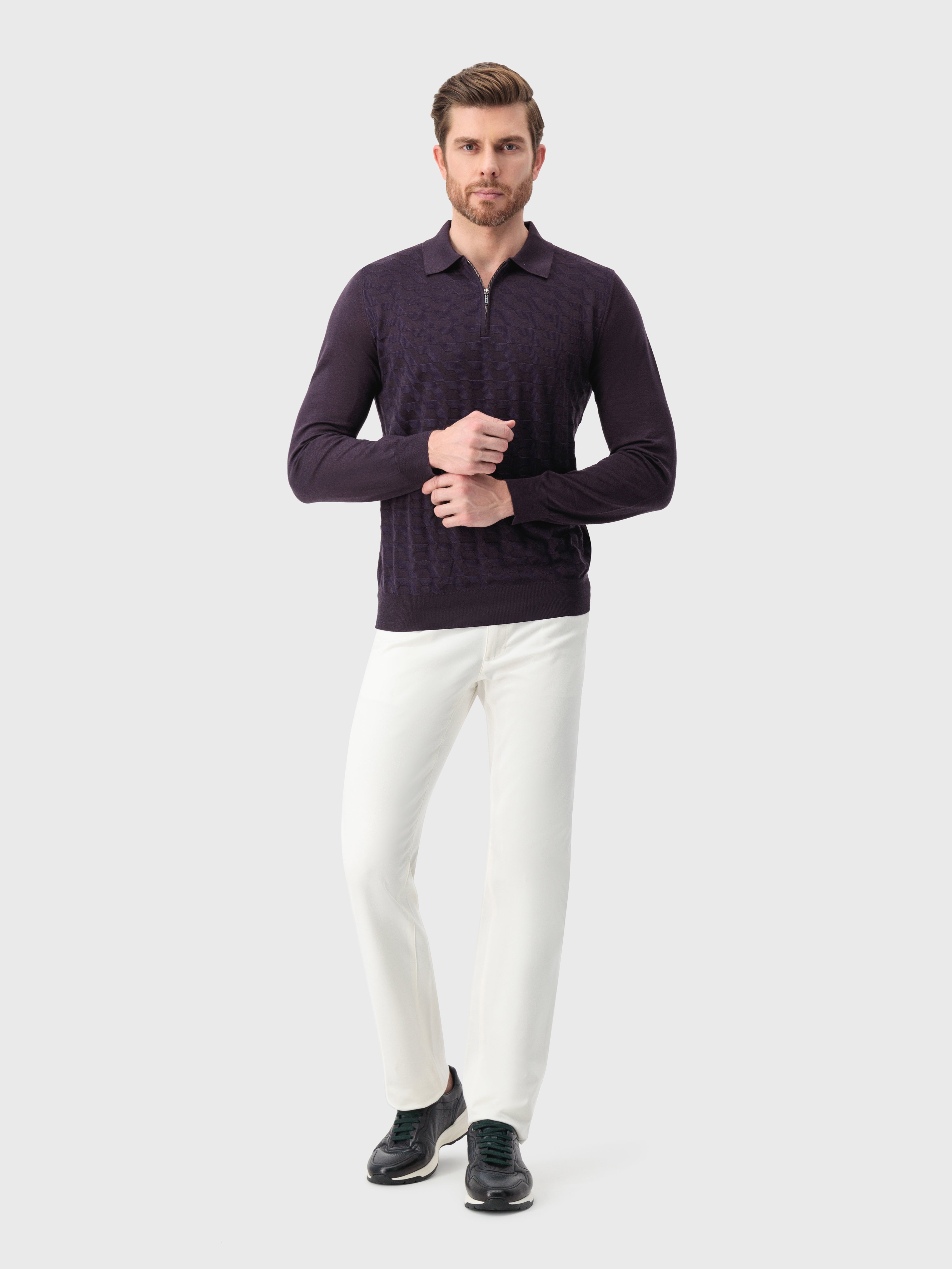 Cashmere and Silk Zipped Polo Aubergine