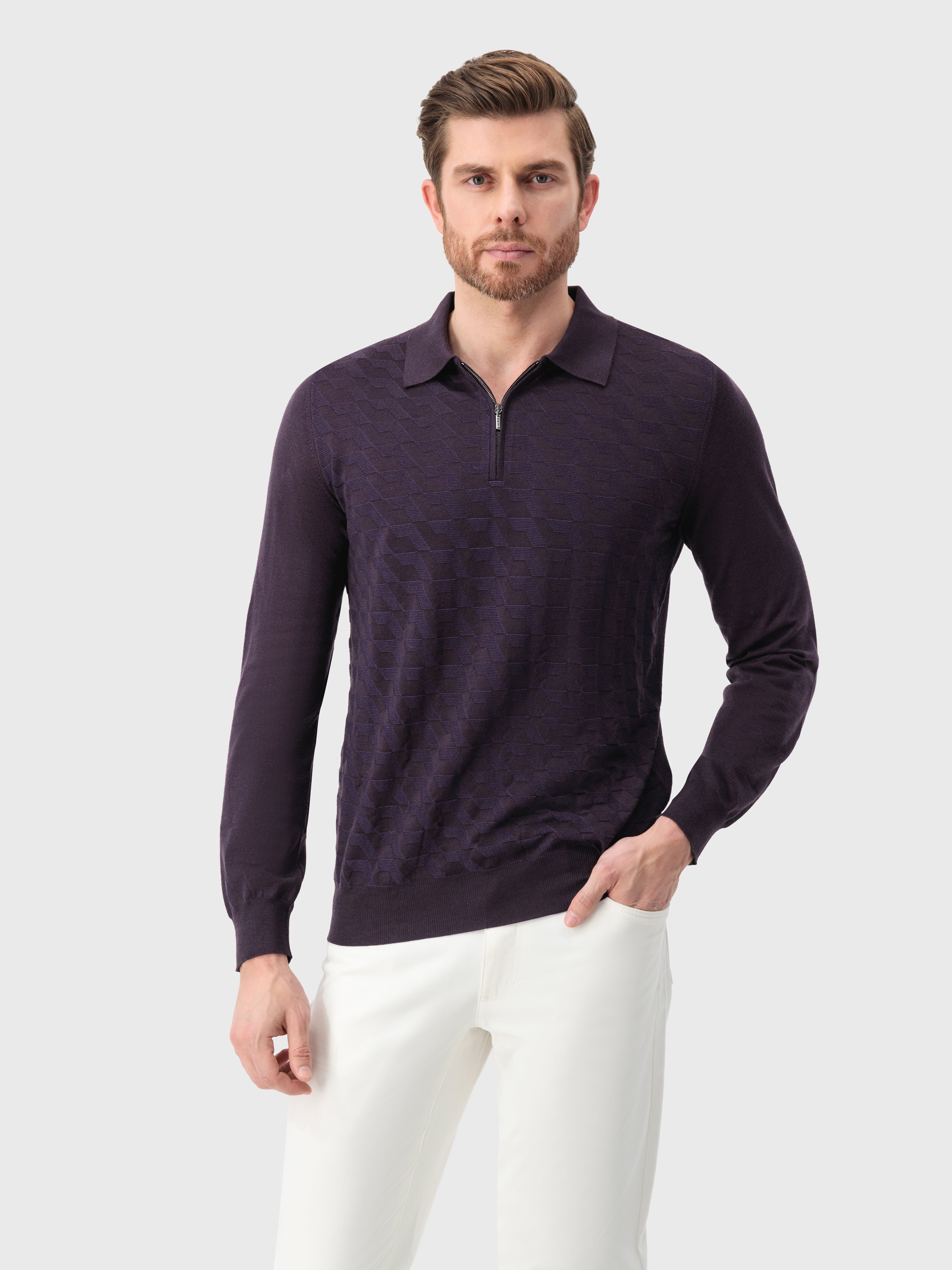 Cashmere and Silk Zipped Polo Aubergine