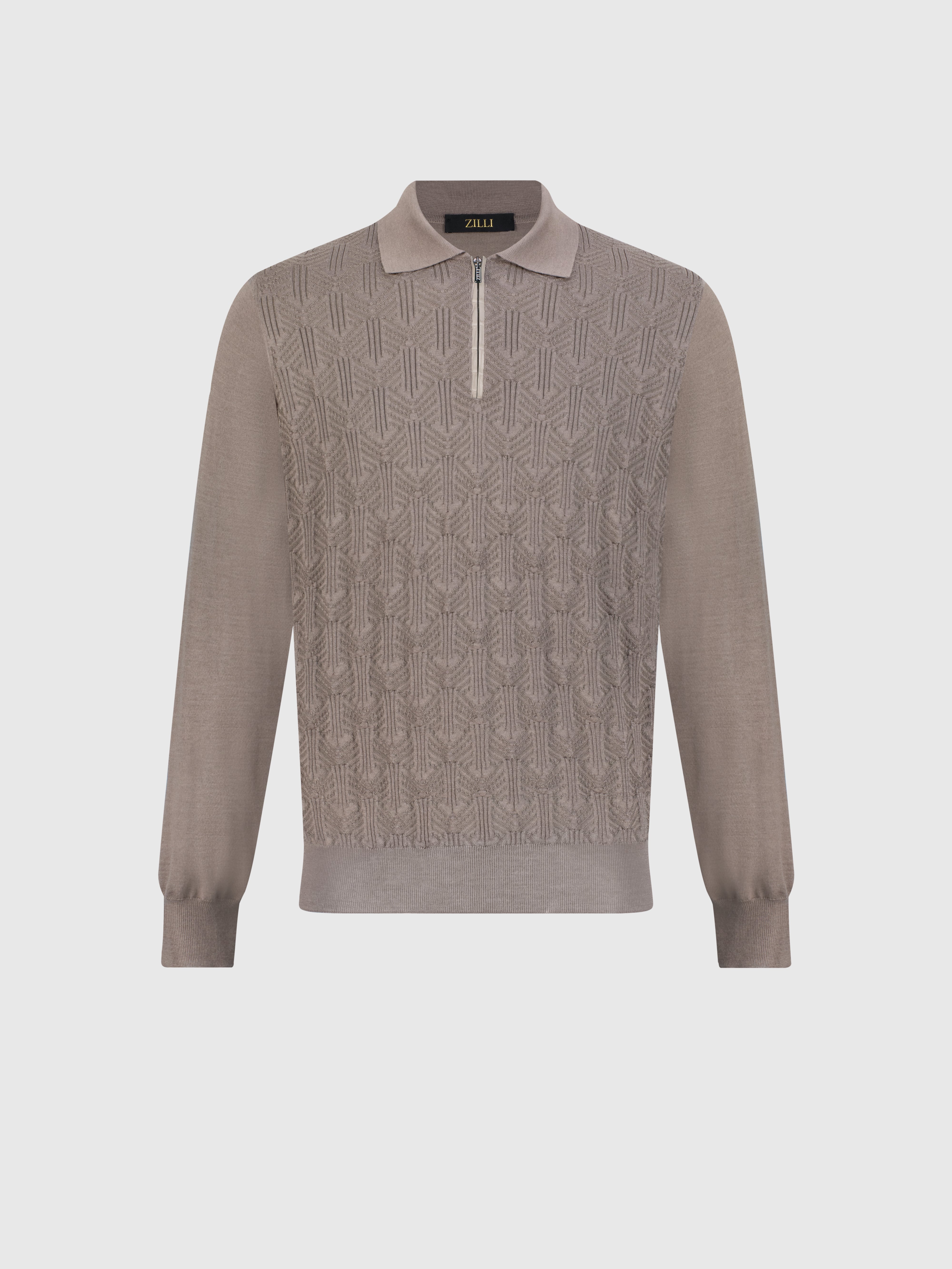 Zipped Polo Shirt with Geometric Jacquard Weave Taupe