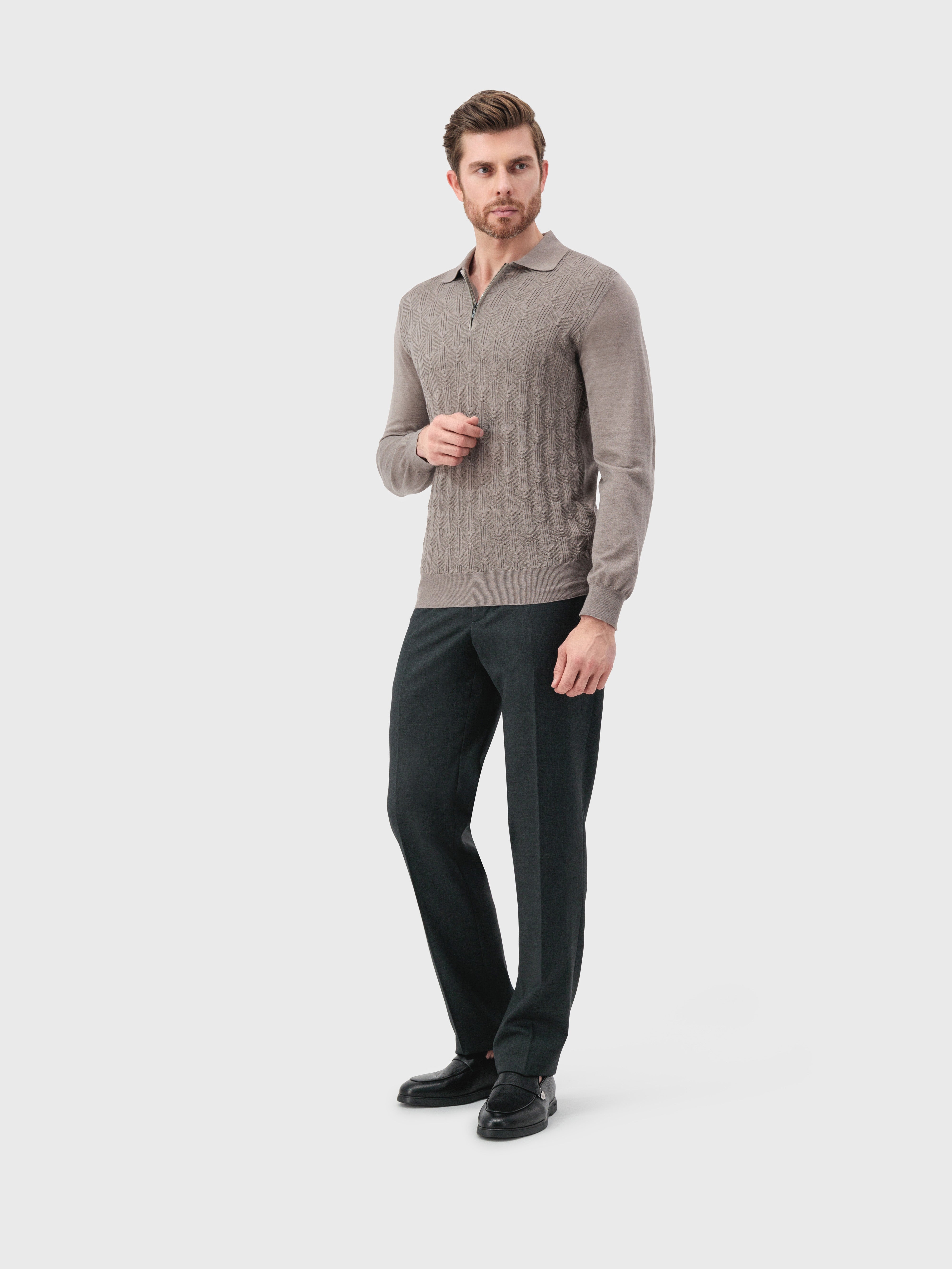 Zipped Polo Shirt with Geometric Jacquard Weave Taupe