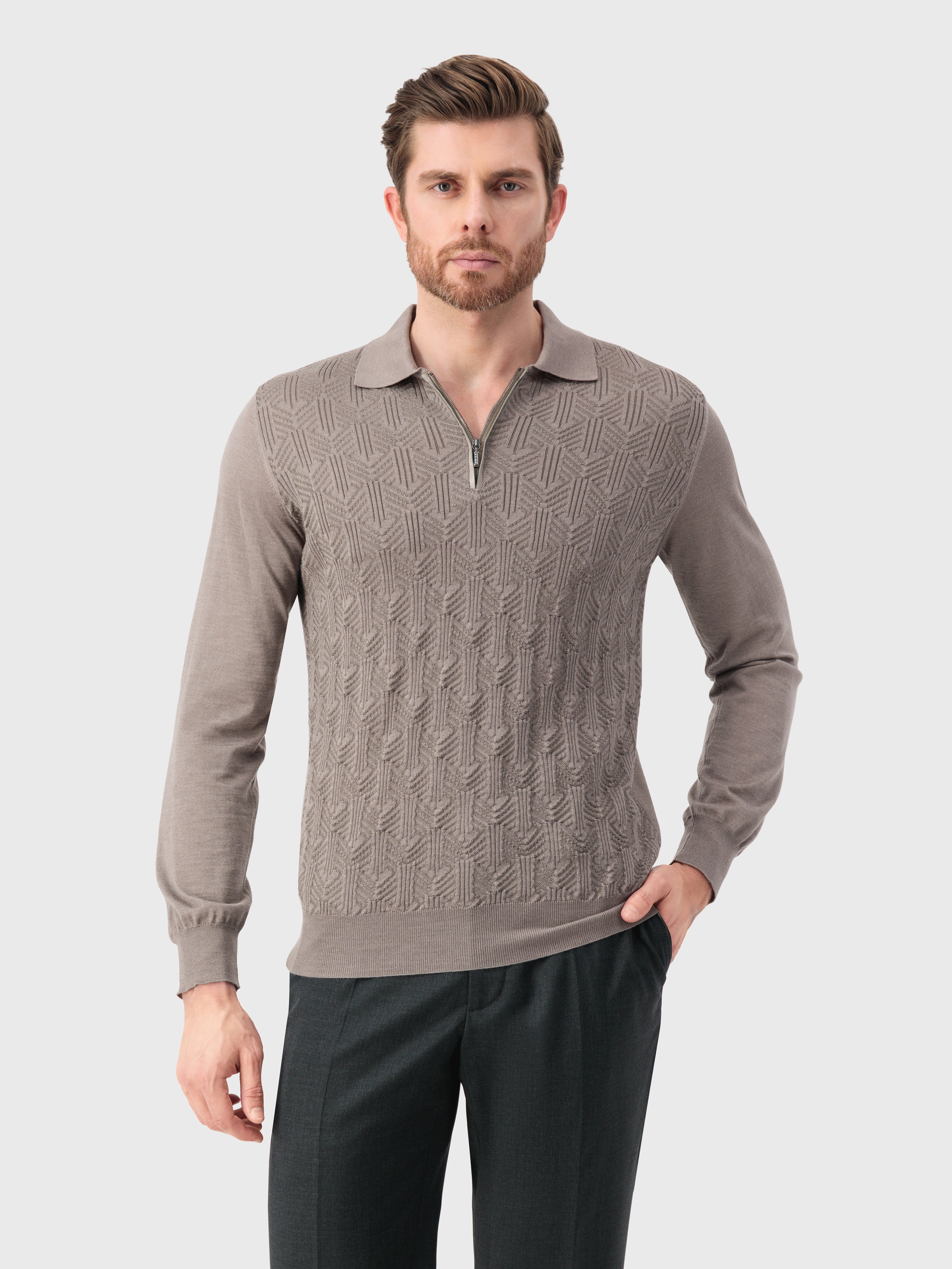 Zipped Polo Shirt with Geometric Jacquard Weave Taupe