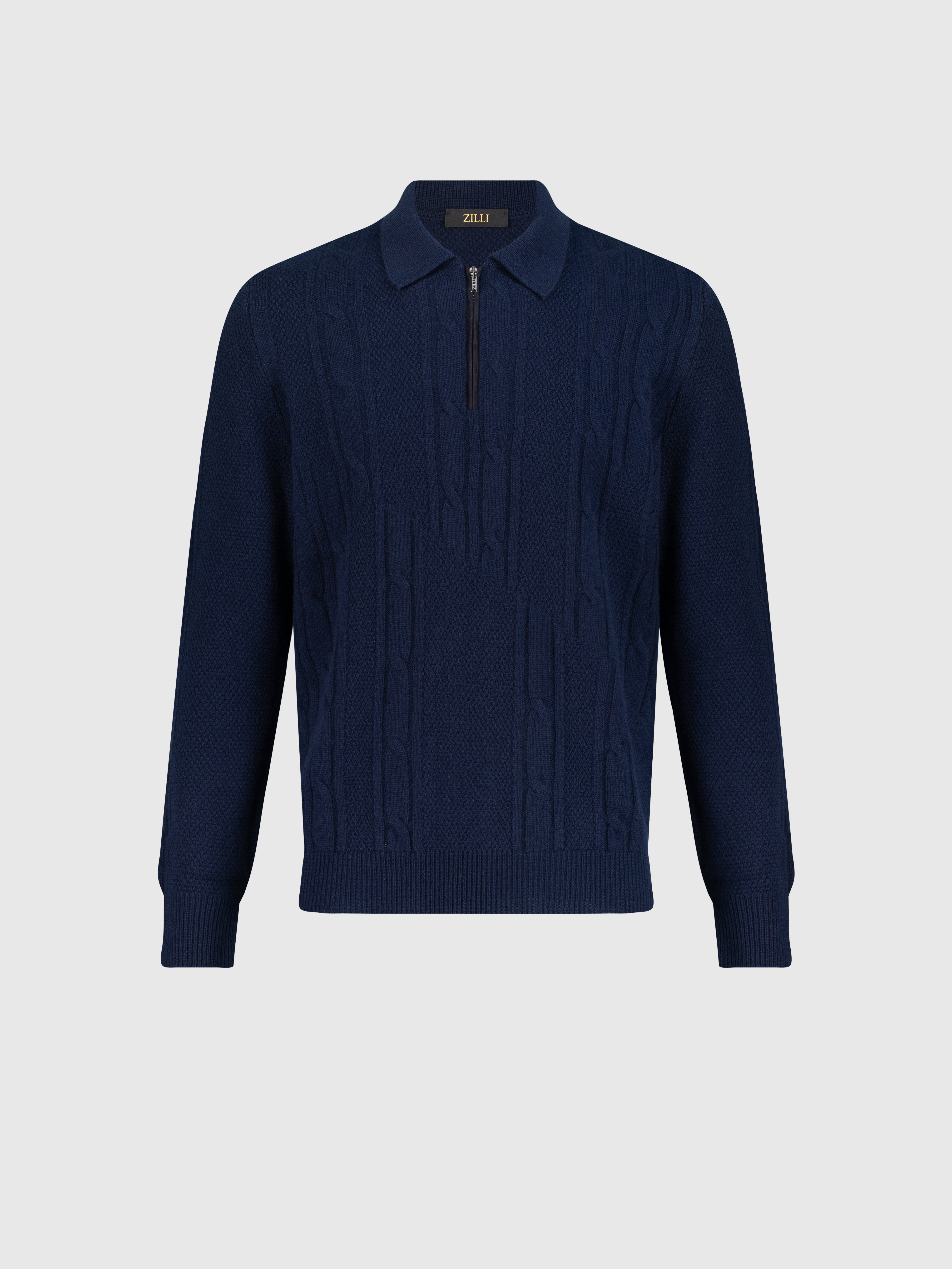 Polo with Cable Knit Pattern Dark Navy