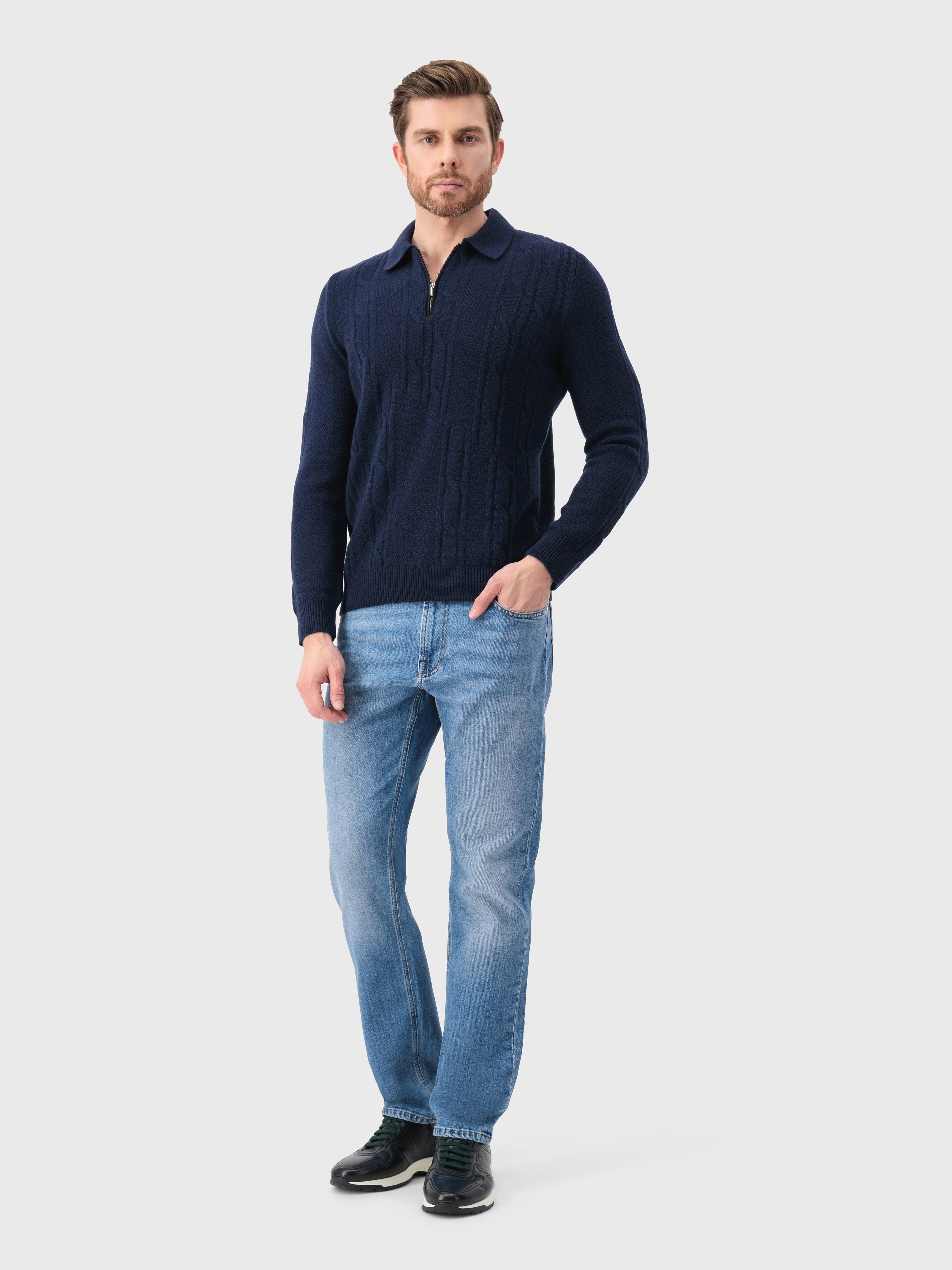 Polo with Cable Knit Pattern Dark Navy