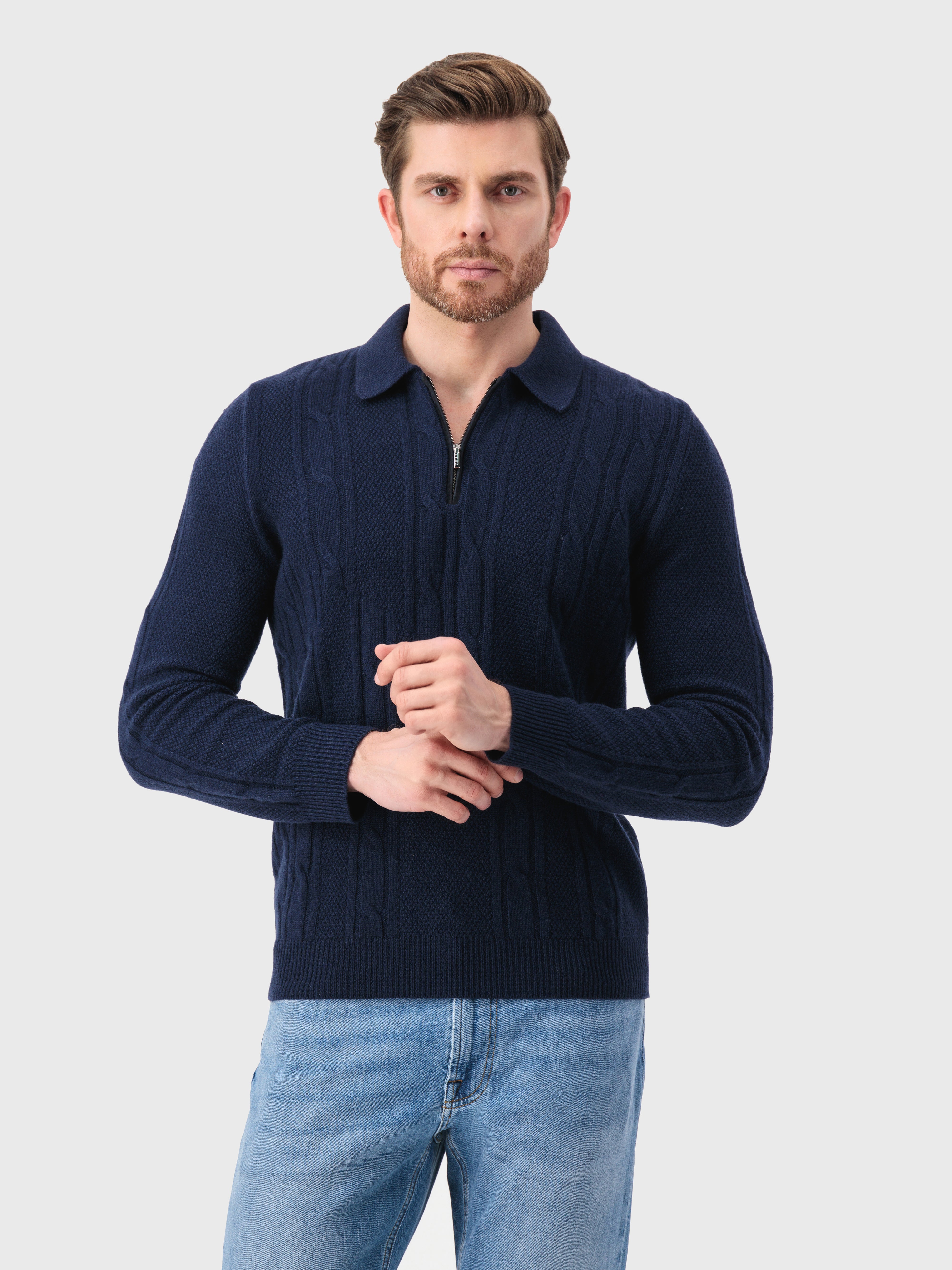 Polo with Cable Knit Pattern Dark Navy