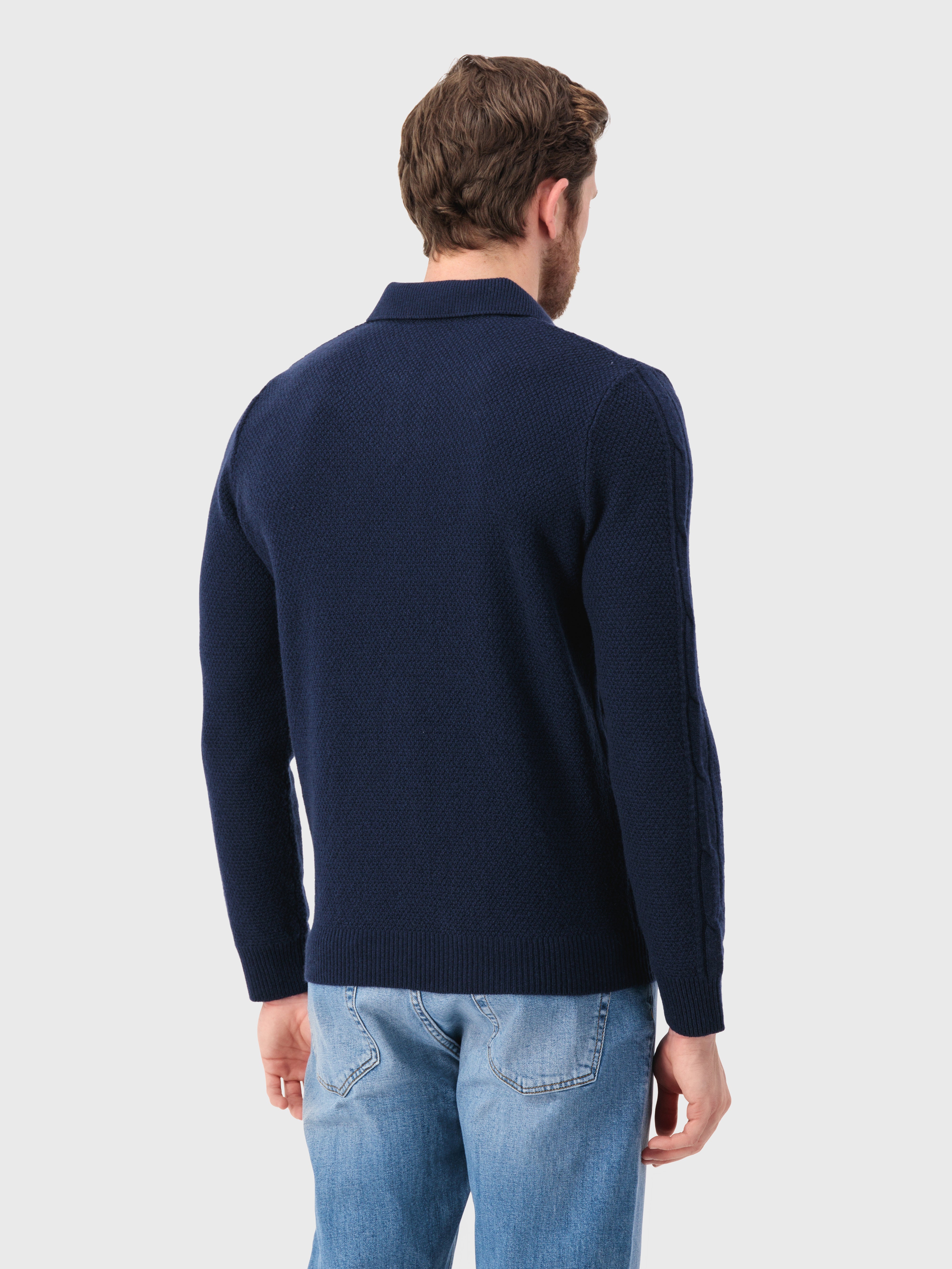 Polo with Cable Knit Pattern Dark Navy