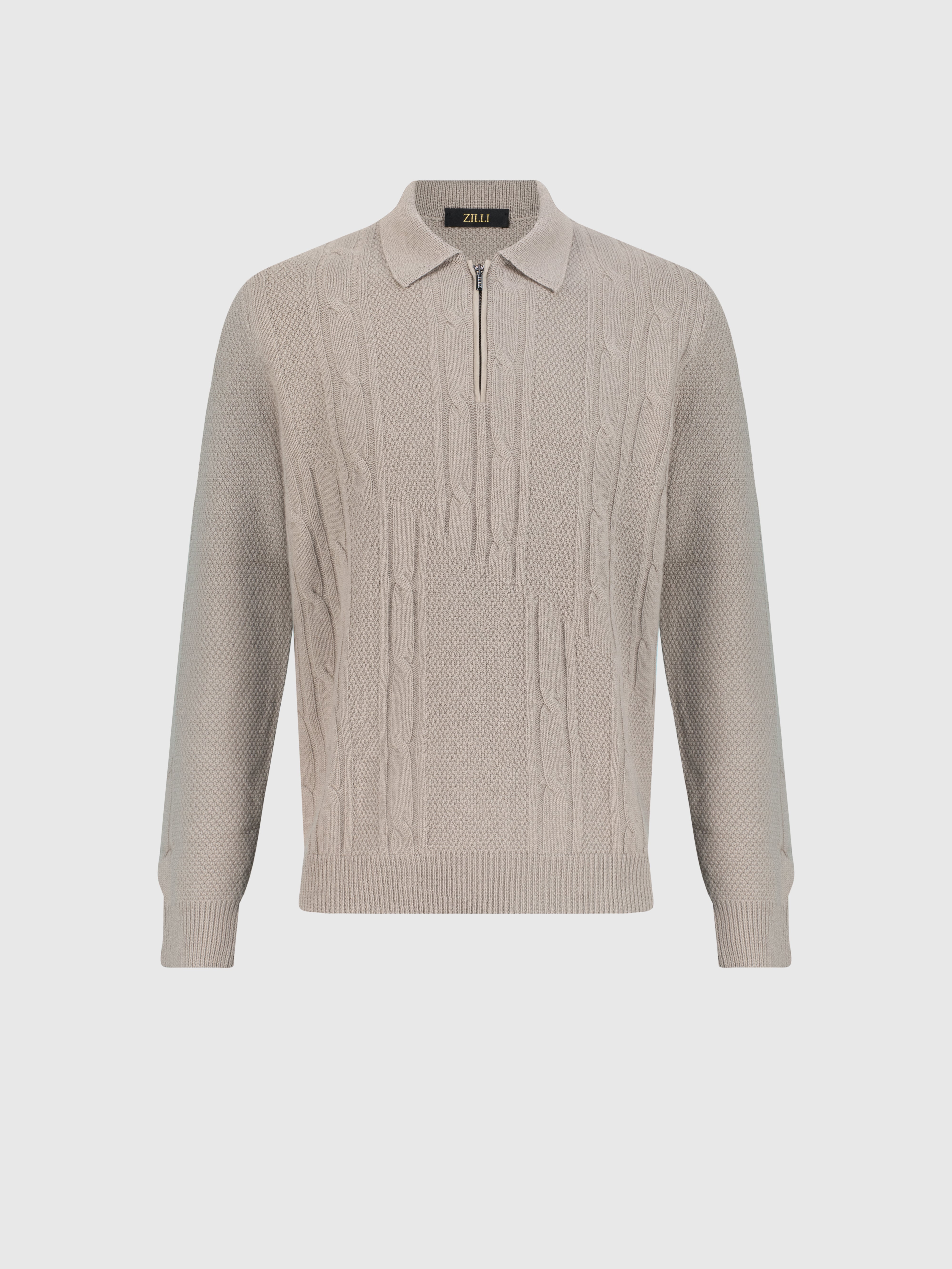 Polo with Cable Knit Pattern Stone