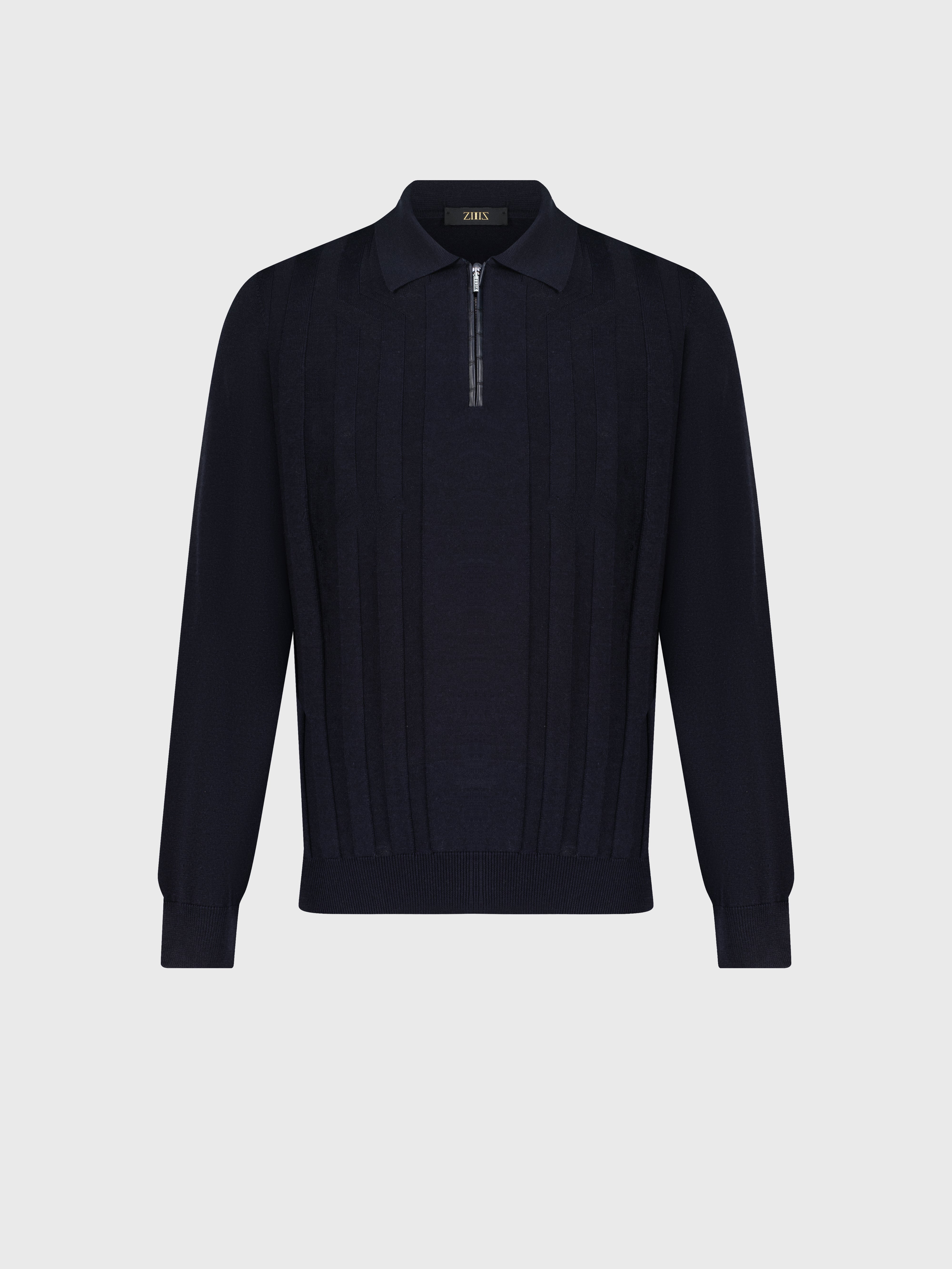 Zipped Polo with Crossed Stripes Jacquard Dark Navy