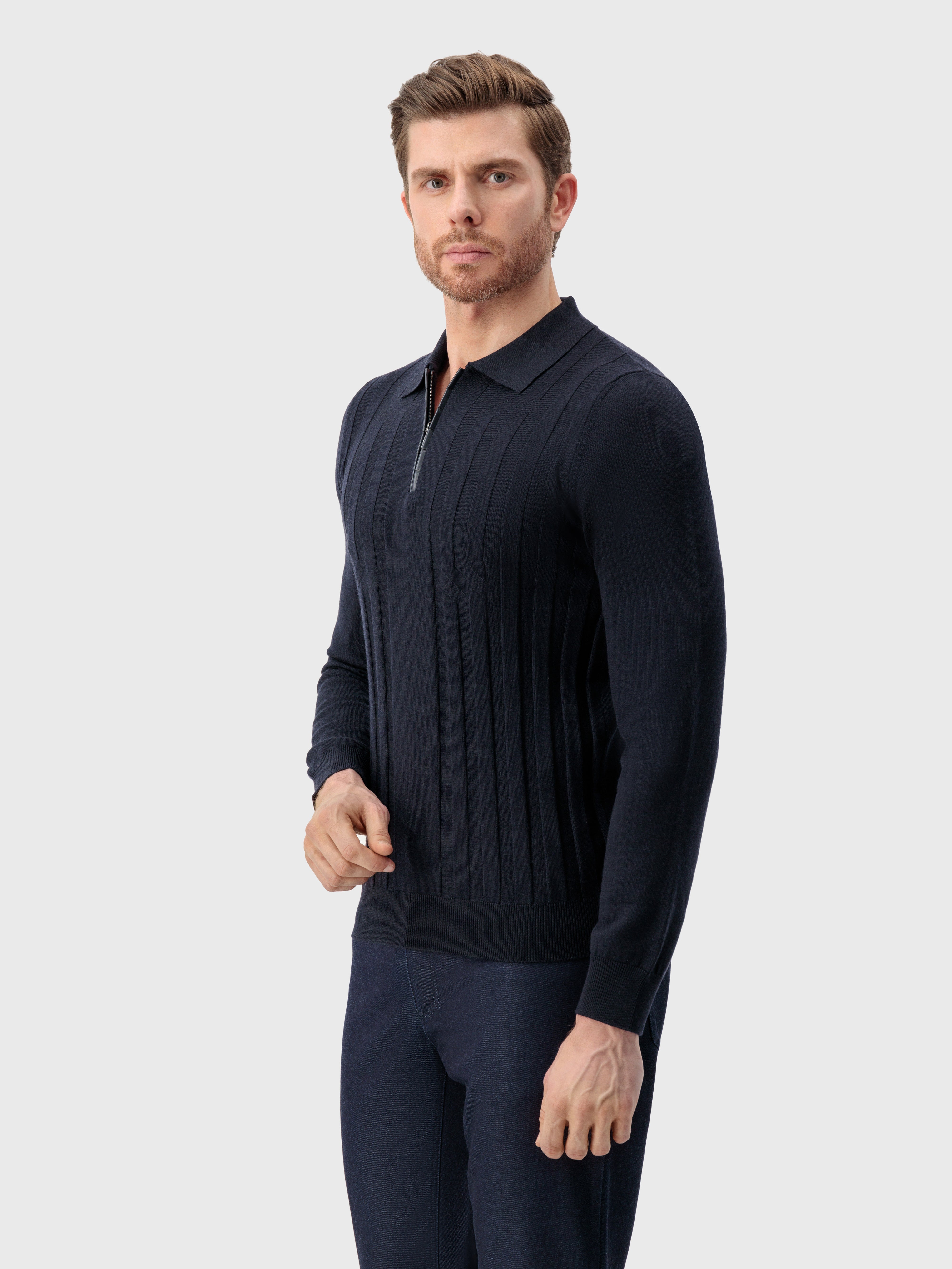 Zipped Polo with Crossed Stripes Jacquard Dark Navy